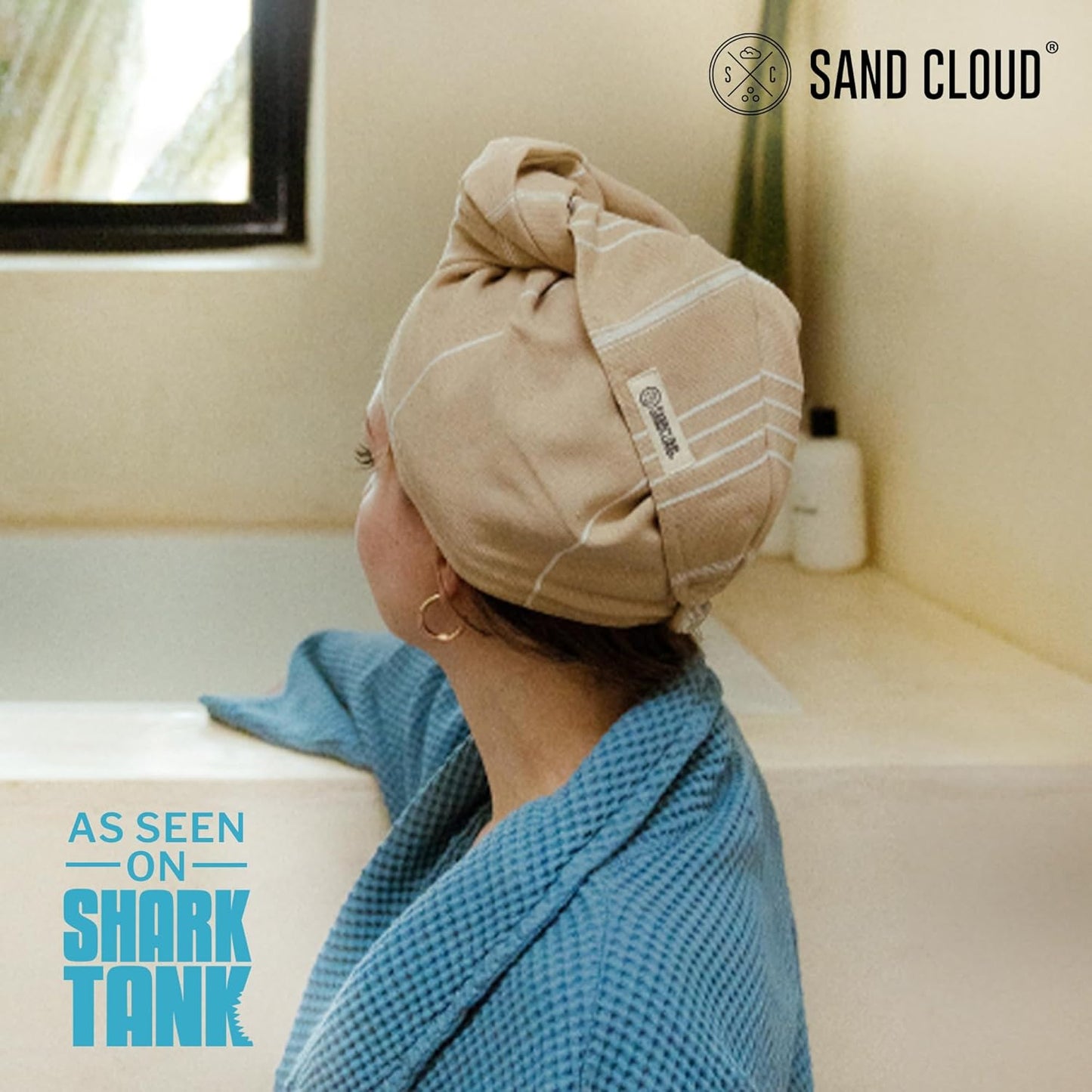 Sand Cloud Hair Towel Wrap for Women & Men, (Sand, Classic) - 100% Turkish Cotton Quick Hair Drying Towel Wrap - Absorbent Half Terry Weave Hair Plop Head Towel Wrap with Binding Edge