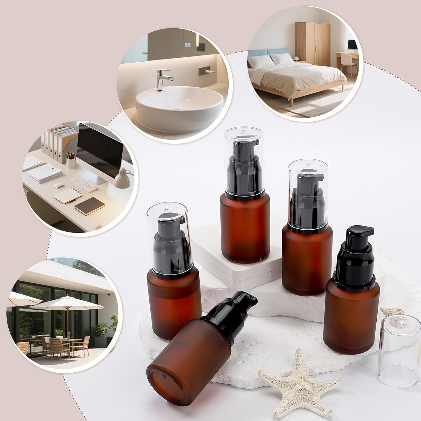 Segbeauty 1oz Frosted Glass Travel Pump Bottle, 5pcs 30ml Travel Bottles for Toiletries, Refillable Cosmetic Containers for Women, Empty Red Lotion Dispenser with Pump, Leak Proof Makeup Dispenser