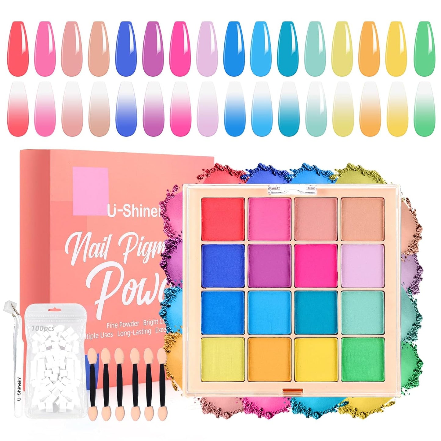 Nail Pigment Powder Palette Set, 16 Colors Ombre Nail Powder Palette with 100pcs Sponges & Tweezers French Aura Nails Ombre Nail Brush Nail Long-lasting Manicure Art DIY Accessories 07 Set