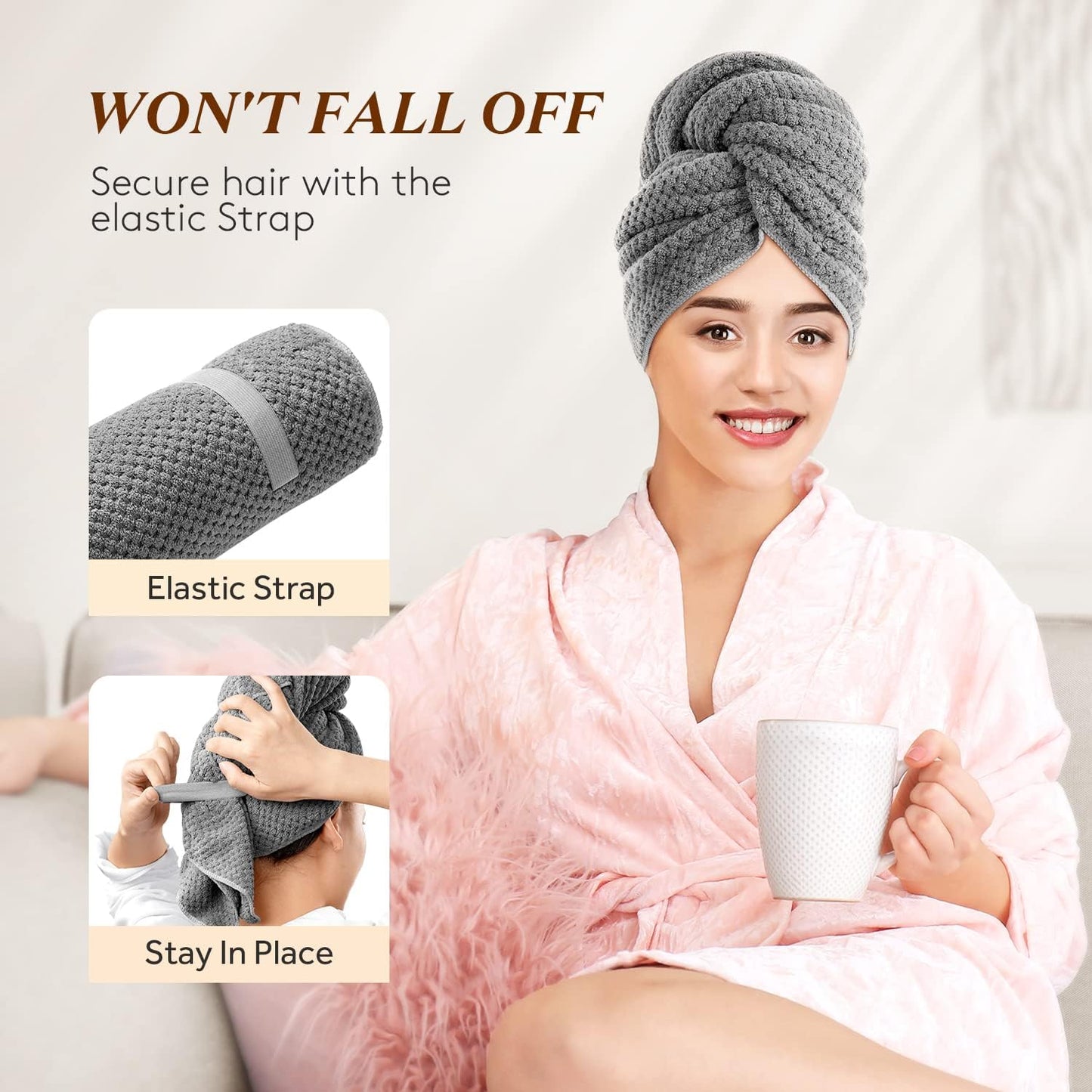 YFONG Large Hair Towel Wrap for Women, Super Absorbent Microfiber Hair Towel for Curly Hair, Fast Drying Hair Turbans with Elastic,Hair Drying Towel Wrap for Hair Care 26.3" X 40" (Dark Gray)