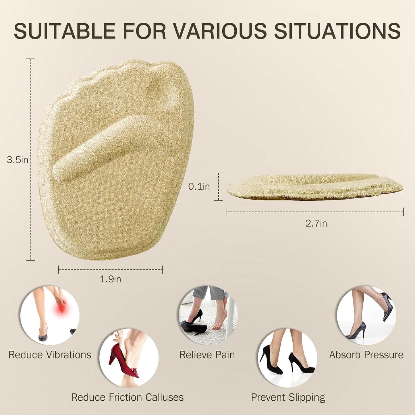 Metatarsal Pads Women, Gel Ball of Foot Cushions for Pain Relief in Shoes, Non-Slip Heel Inserts, One Size Fits All (2 Pair, Beige)