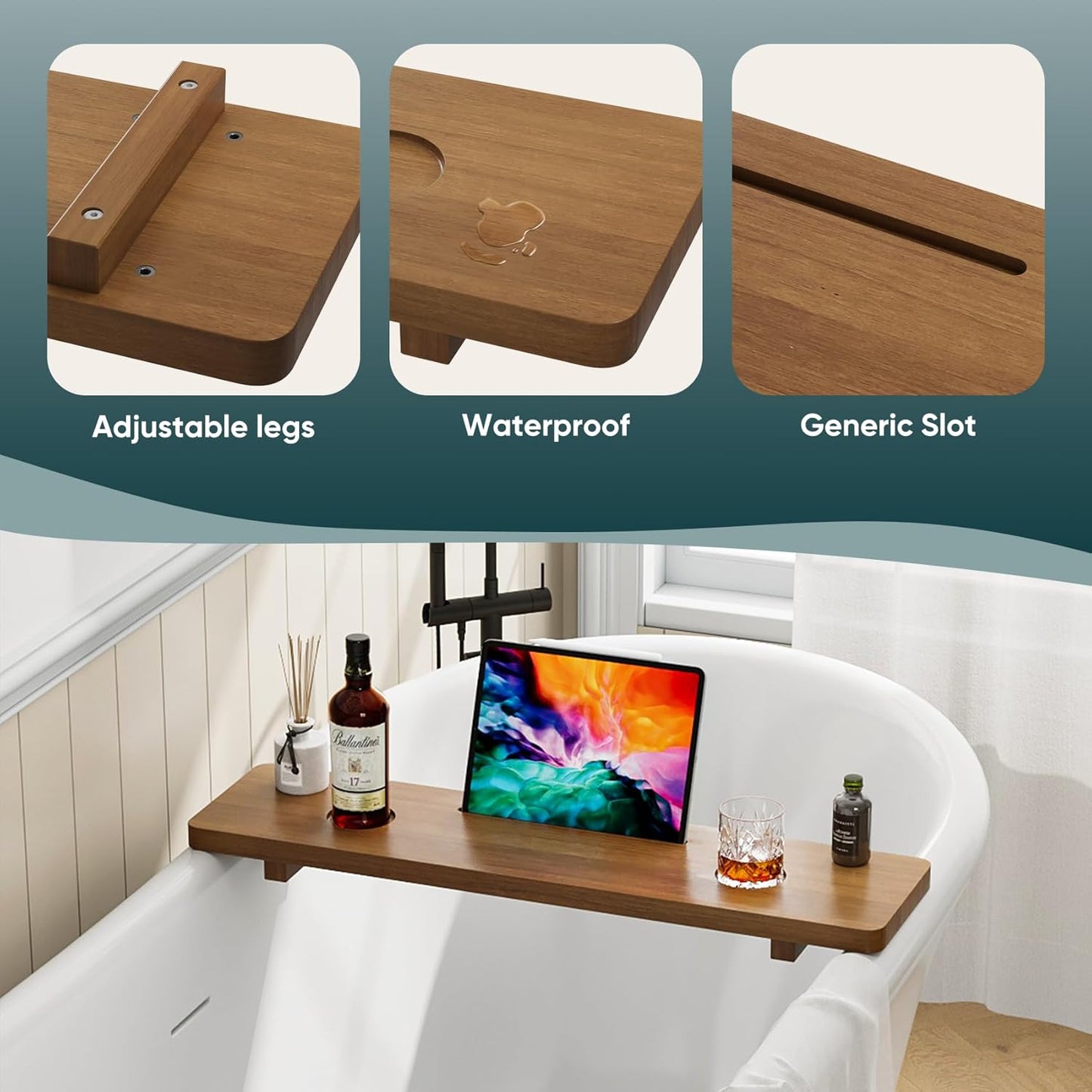 Premium 1.2IN Thickened African Solid Teak Bathtub Tray, 35” Waterproof Bath Caddy with Adjustable Legs, Bathtub Accessories, Fits Most Bath Tubs