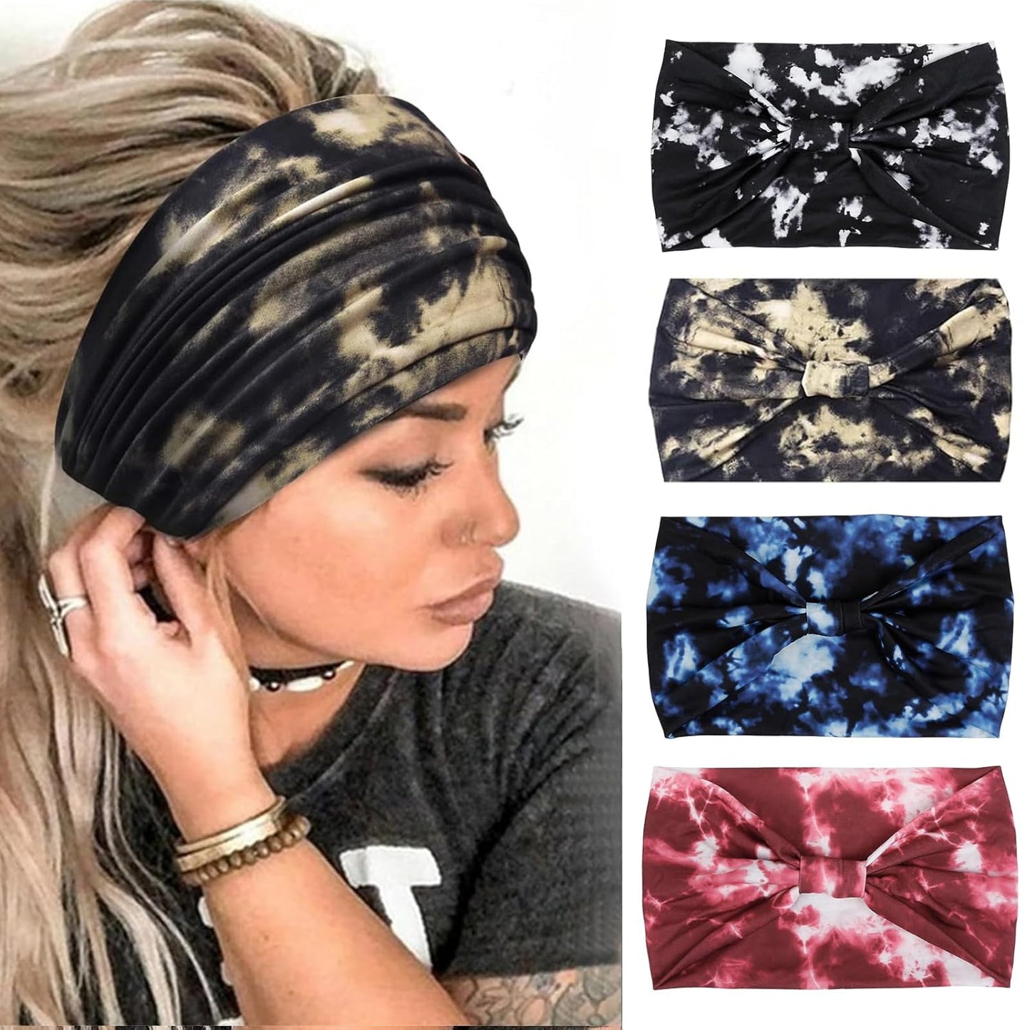 Huachi Tie Dye Headbands for Women Wide Head Wraps Boho Thick Hairbands Large African Sport Yoga Turban Headband Hair Accessories (Pack of 4)