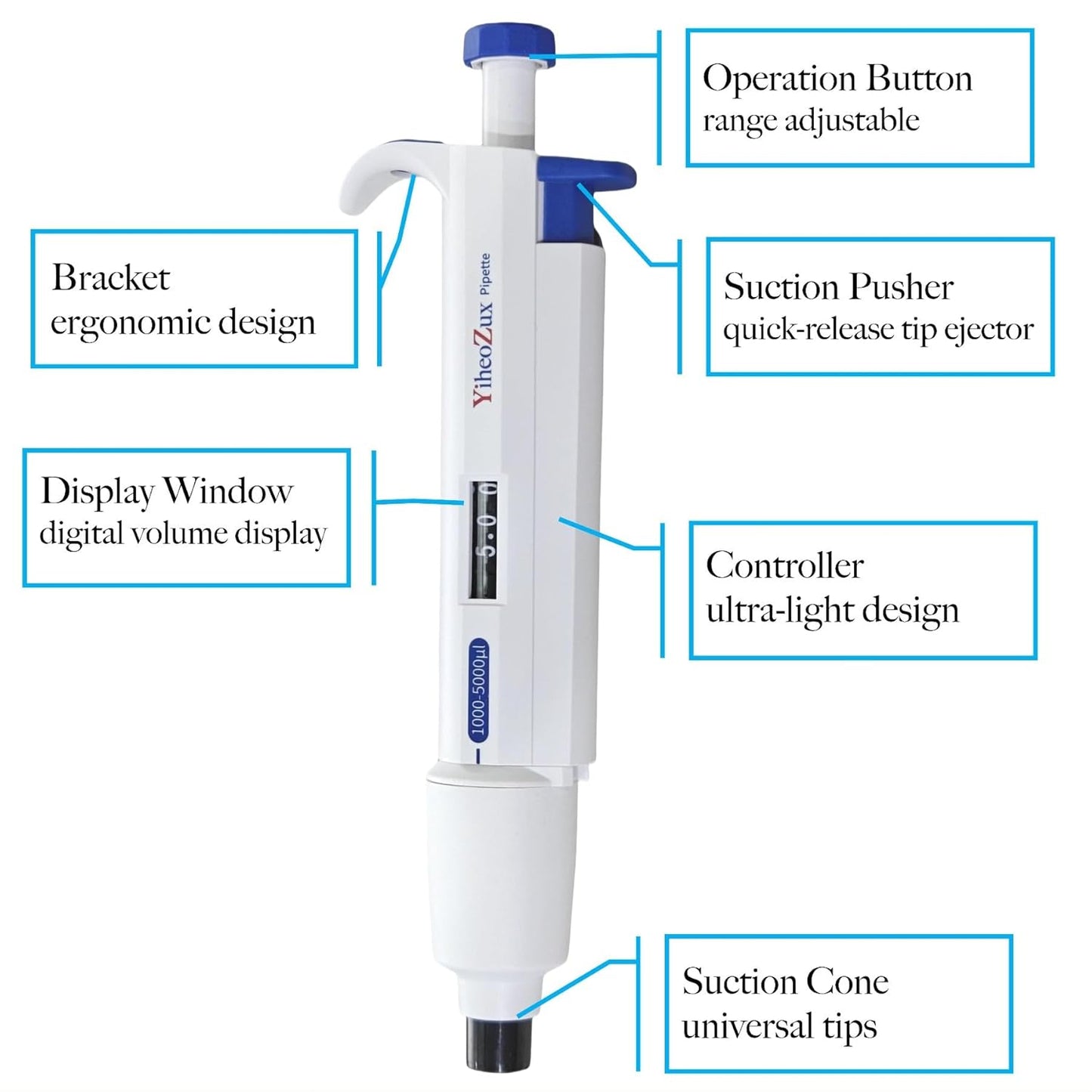 1-5ml Single Channel Pipettor Manual Adjustable Variable Volume Laboratory High Accurate Lab Micropipette 1000-5000ul