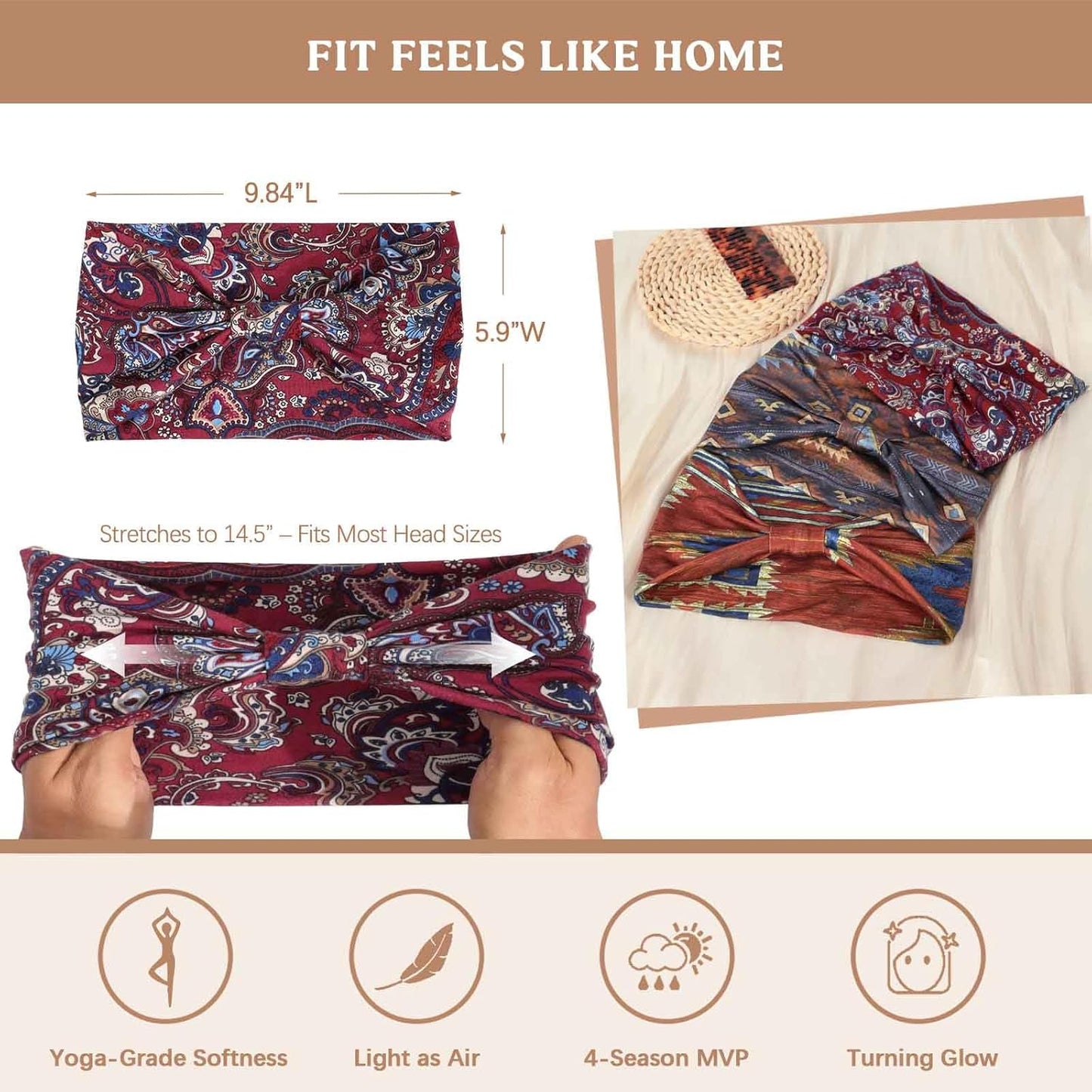 Wide Headbands for Women Knotted No Slip Head Bands Soft Turban Headband Hair Accessories Boho African Solid Color Head Wraps for Women Yoga Workout Pack of 6