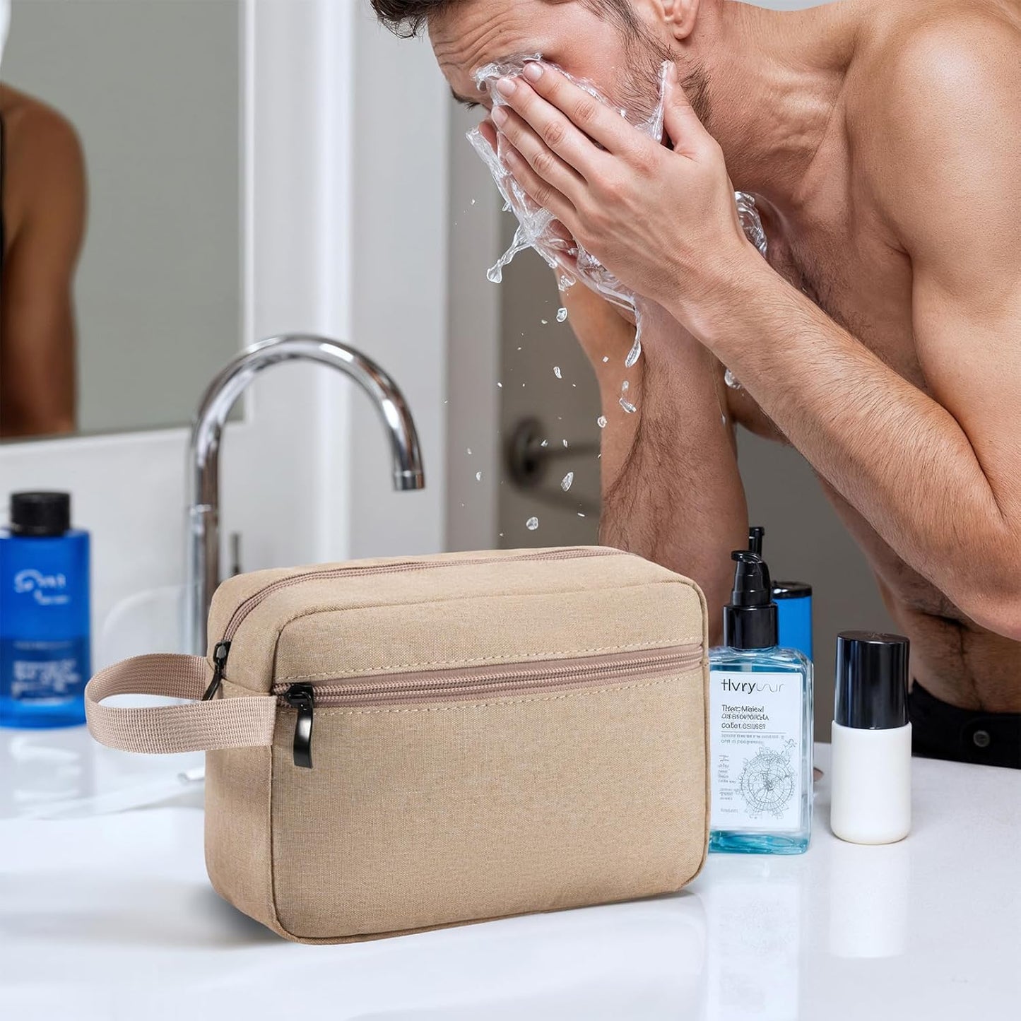 Travel Toiletry Bag, Hanging Water-Resistant Organizer for Men & Women, Ideal for Makeup, Shaving Kit, Gym Essentials & Travel Accessories (Khaki)