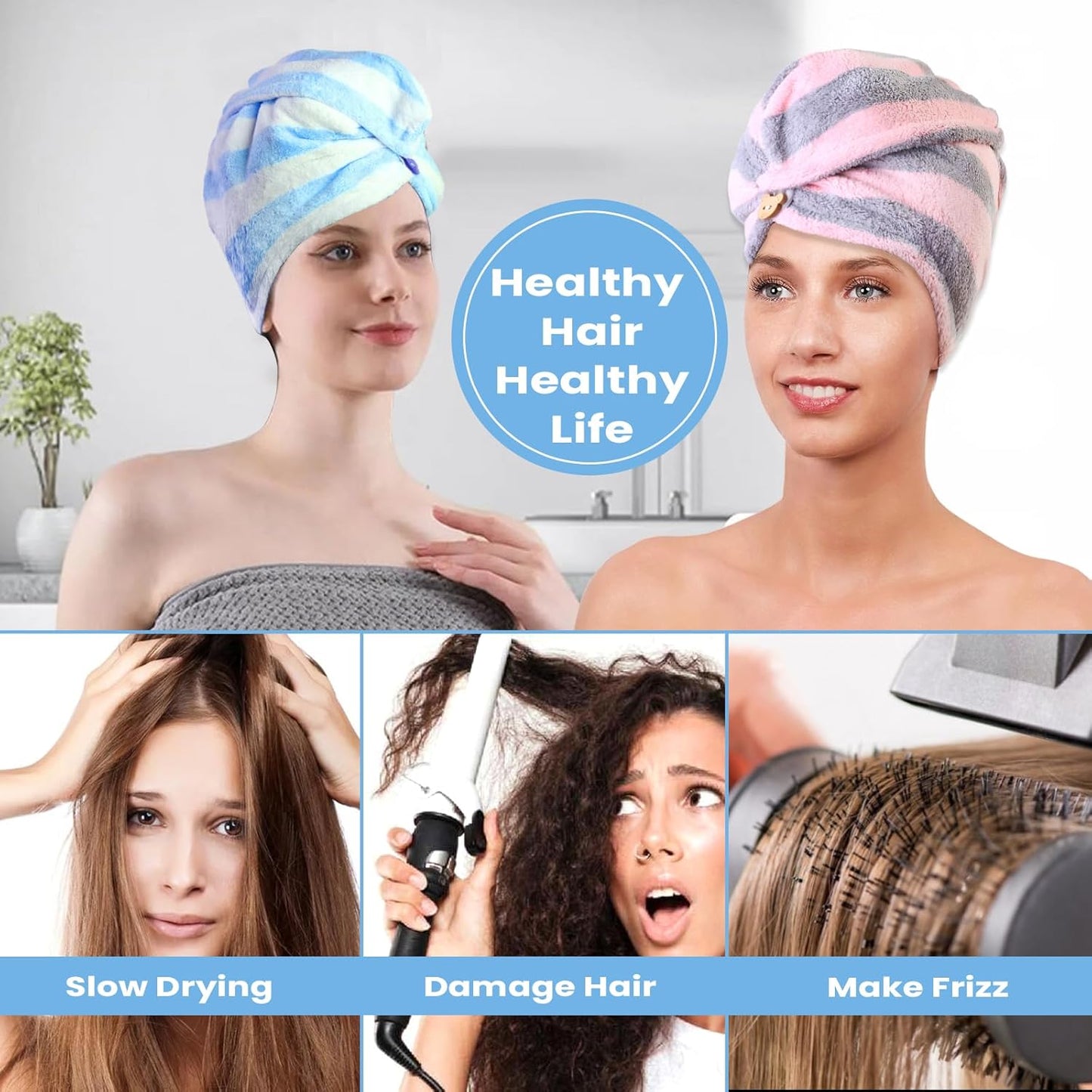 Hair Drying Towel 3 Pack - Ultra Soft Microfiber Turban Twist Hair Wrap for Women - Super Absorbent, Quick Dry Hair Towel Cap for Wet Hair (3 Colors,Striped)