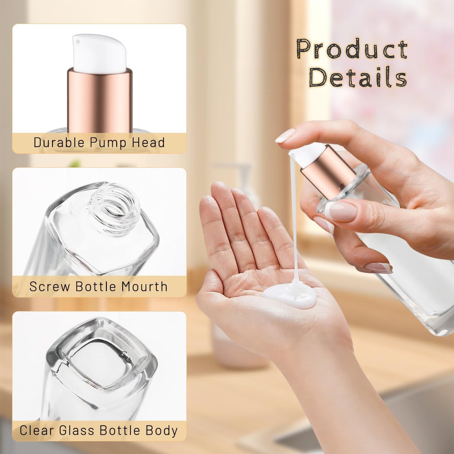 6Pcs 50ml/1.7oz Small Clear Pump Bottle with Gold Lid Glass Lotion Jars Travel Size Liquid Foundation Dispenser Refillable Cosmetic Containers for Cream,Shampoo,Conditioner