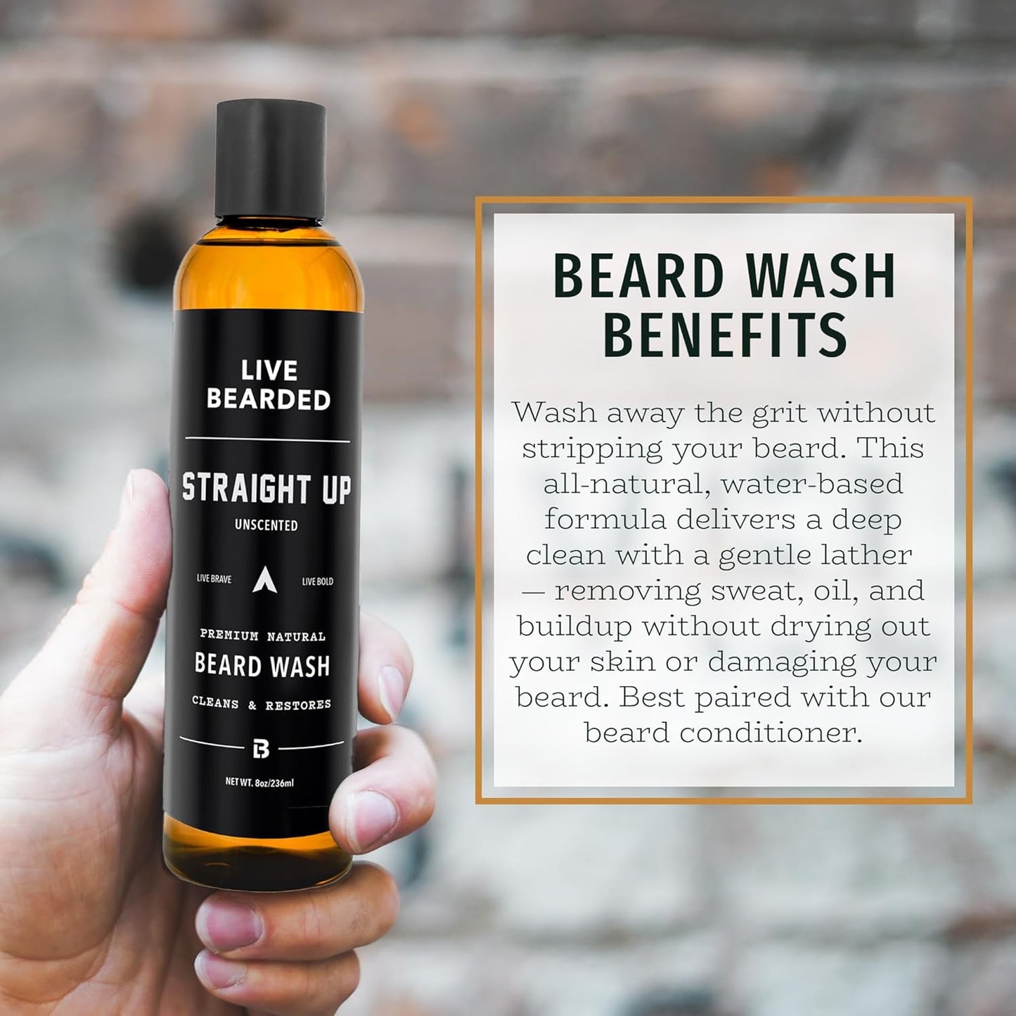 Live Bearded Beard Wash, 8 fl oz - Water-Based Face Cleanser with All-Natural Ingredients for a Gentle, Deep Clean - Made in the USA | Straight Up Unscented - Fragrance-Free