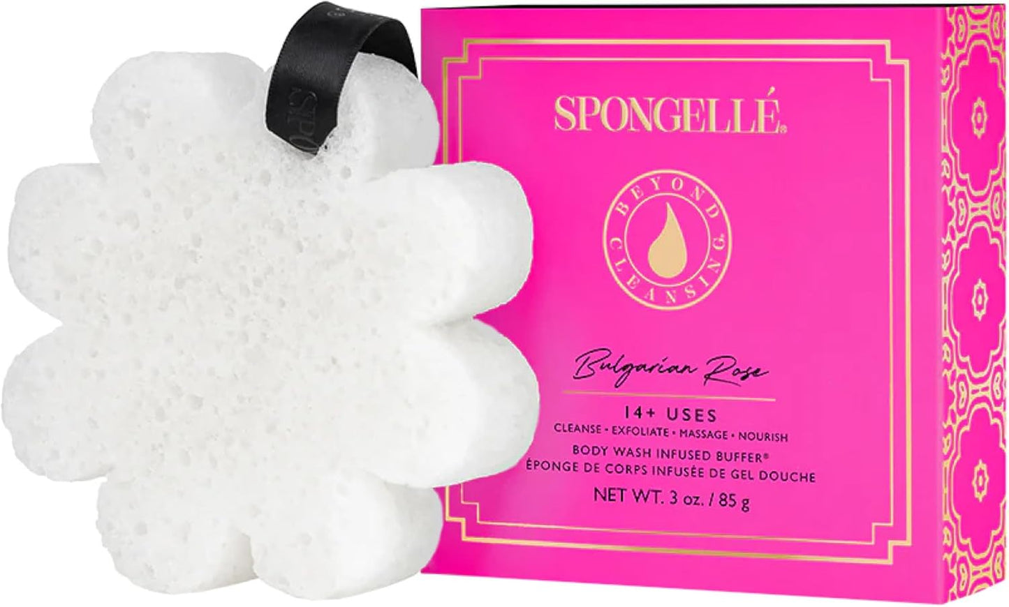 Spongelle Bulgarian Rose Wild Flower Buffer Body Scrubber with Box | Bath & Shower Loofah for Women | Exfoliator with Body Wash Infused | 14+ uses