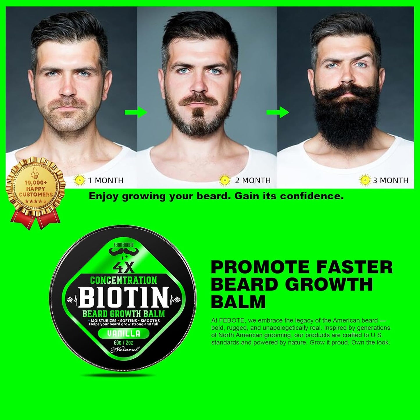 Biotin Beard Growth Balm for Men – Conditioning & Thickening Balm with Castor, Shea & Jojoba Oils – Non-Greasy, Softens & Nourishes for Fuller, Thicker Facial Hair – Vanilla Scent – 2 oz