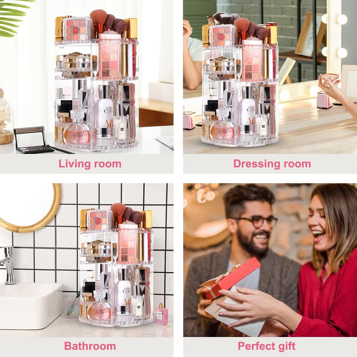 360 Degree Rotating Makeup Organizer,Large Capacity Make up Caddy Shelf,Acrylic Perfume Storage, Adjustable Skin Care Organisers for Dresser Tabletop and Bathroom, Clear (Diamond)