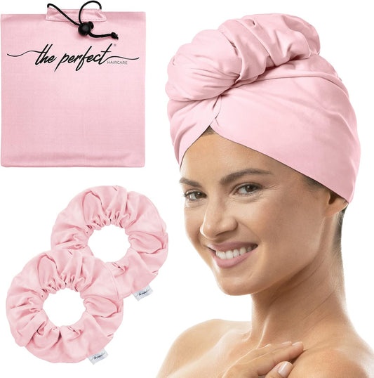 Microfiber Hair Towel Wrap + 2 Smooth Large Hair Drying Tie for Wet Hair - Anti-Frizz, Gentle, Absorbent Hair Scrunchies or Face Washing Wristband