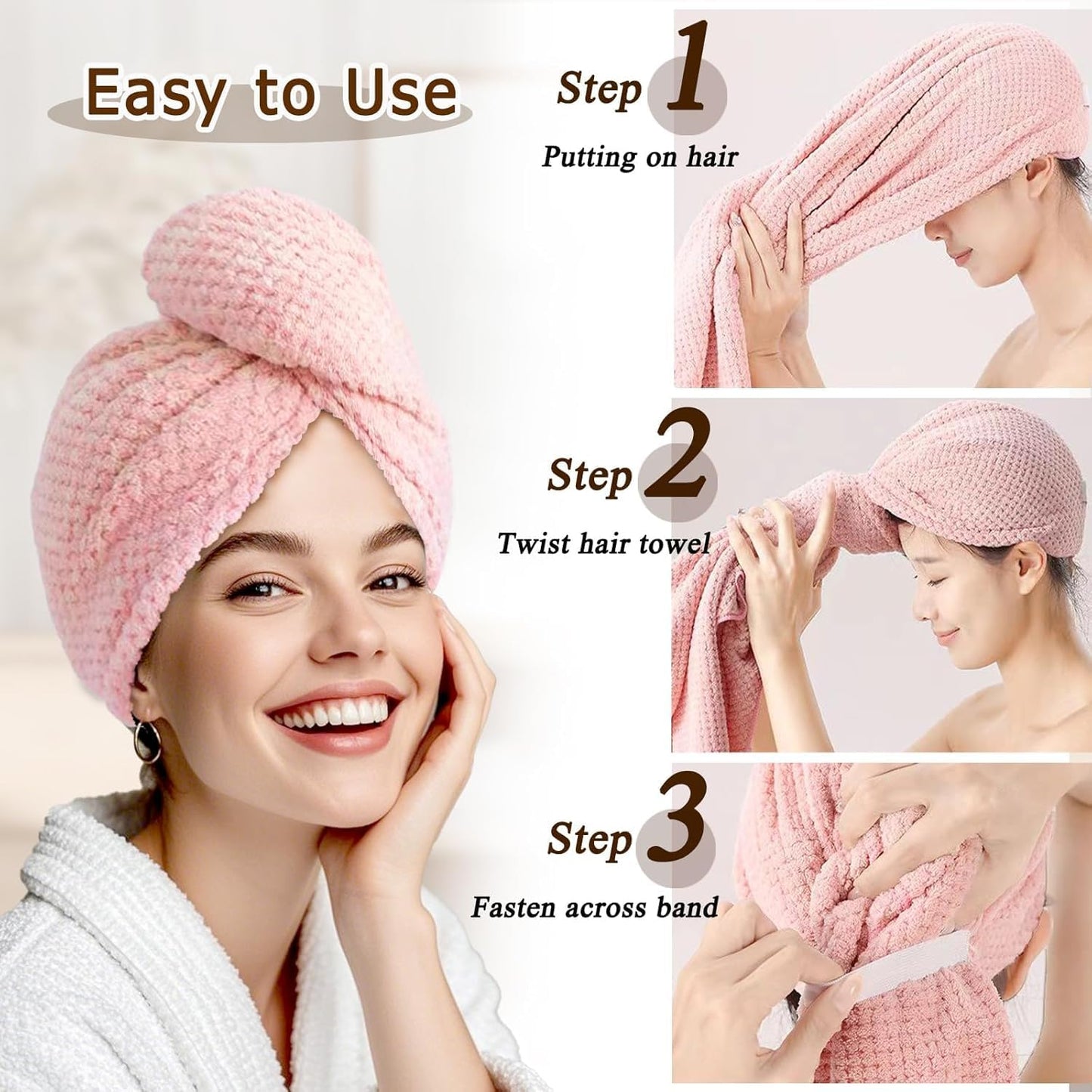 Microfiber Hair Towel Wrap Turban 2 Pack Large | Super Absorbent Quick Dry & Anti-Frizz for Women with Curly Hair | 27.5" x 39.4" Hair Towel Cap