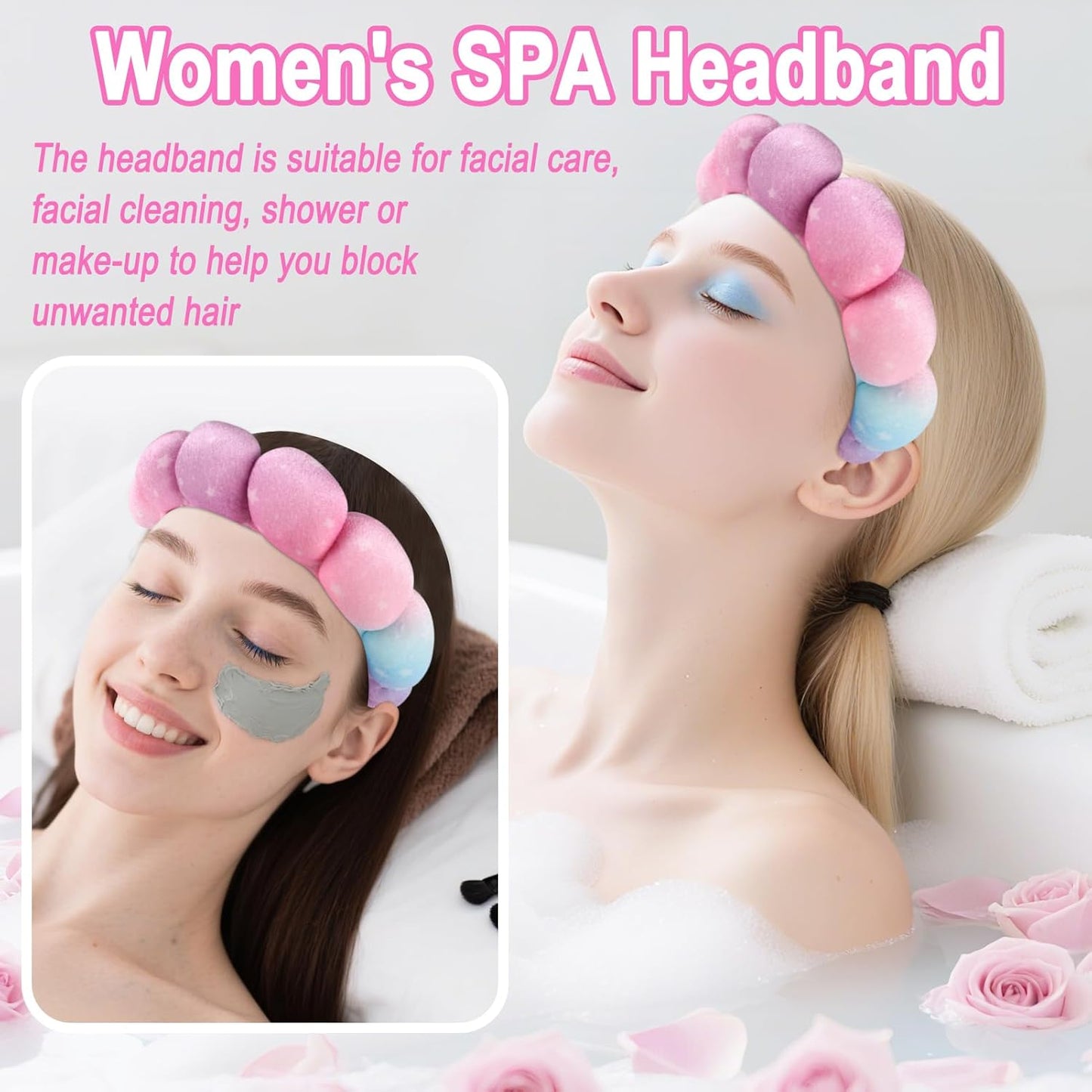 Zkptops Spa Headband for Washing Face Wristband Set Sponge Makeup Skincare Velvet Fabric Bubble Soft Get Ready Hairbands for Women Puffy Headwear Non Slip Thick Thin Hair Accessory(Star)