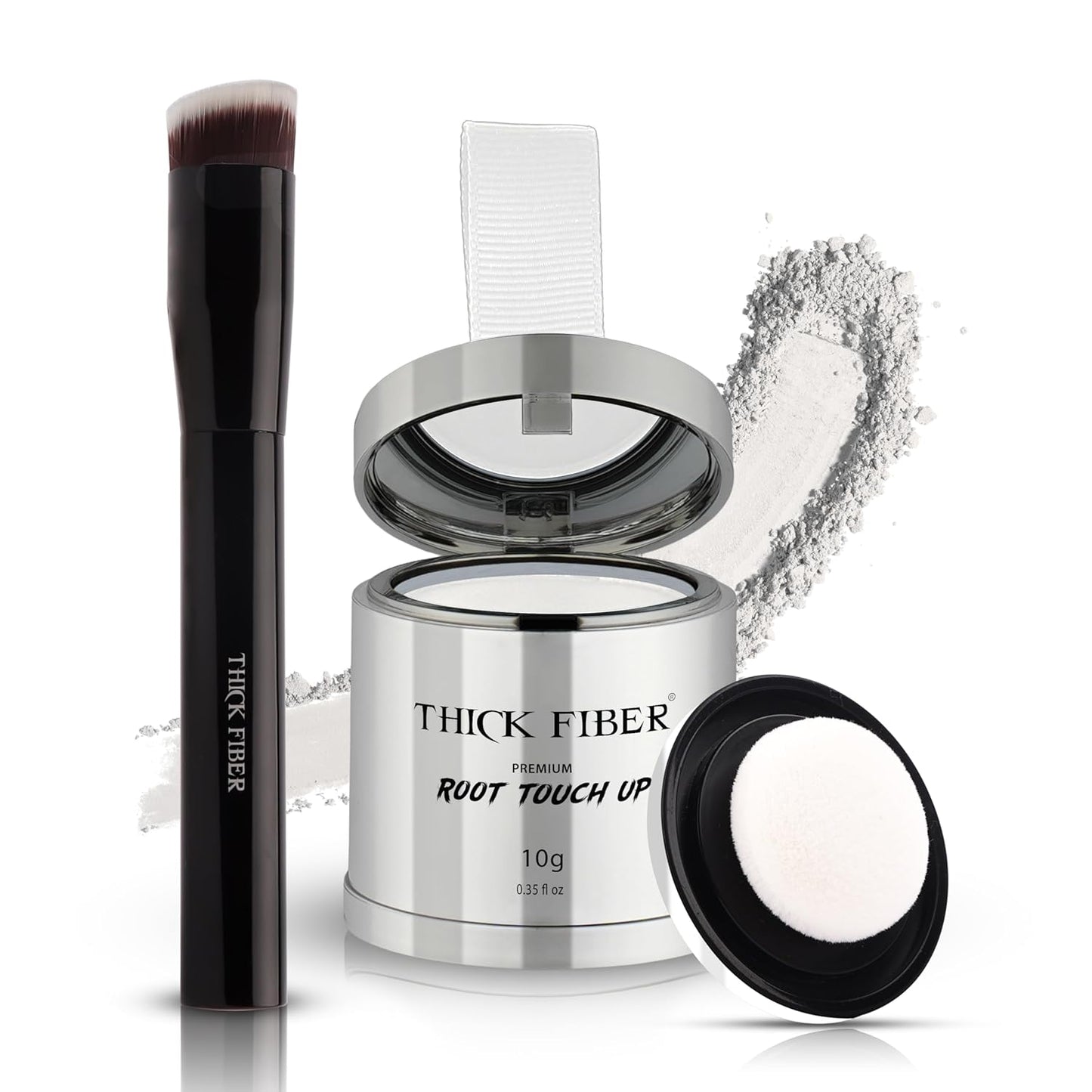 THICK FIBER Root Touch Up & Hairline Powder with Brush (LARGE 10g) – Covers Grey Roots, Thinning Hair & Bald Spots – Sweat & Water Resistant Hair Concealer for Women & Men (White)