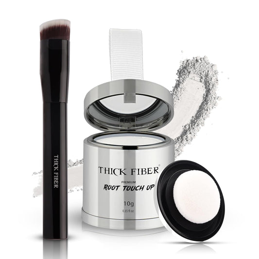 THICK FIBER Root Touch Up & Hairline Powder with Brush (LARGE 10g) – Covers Grey Roots, Thinning Hair & Bald Spots – Sweat & Water Resistant Hair Concealer for Women & Men (White)