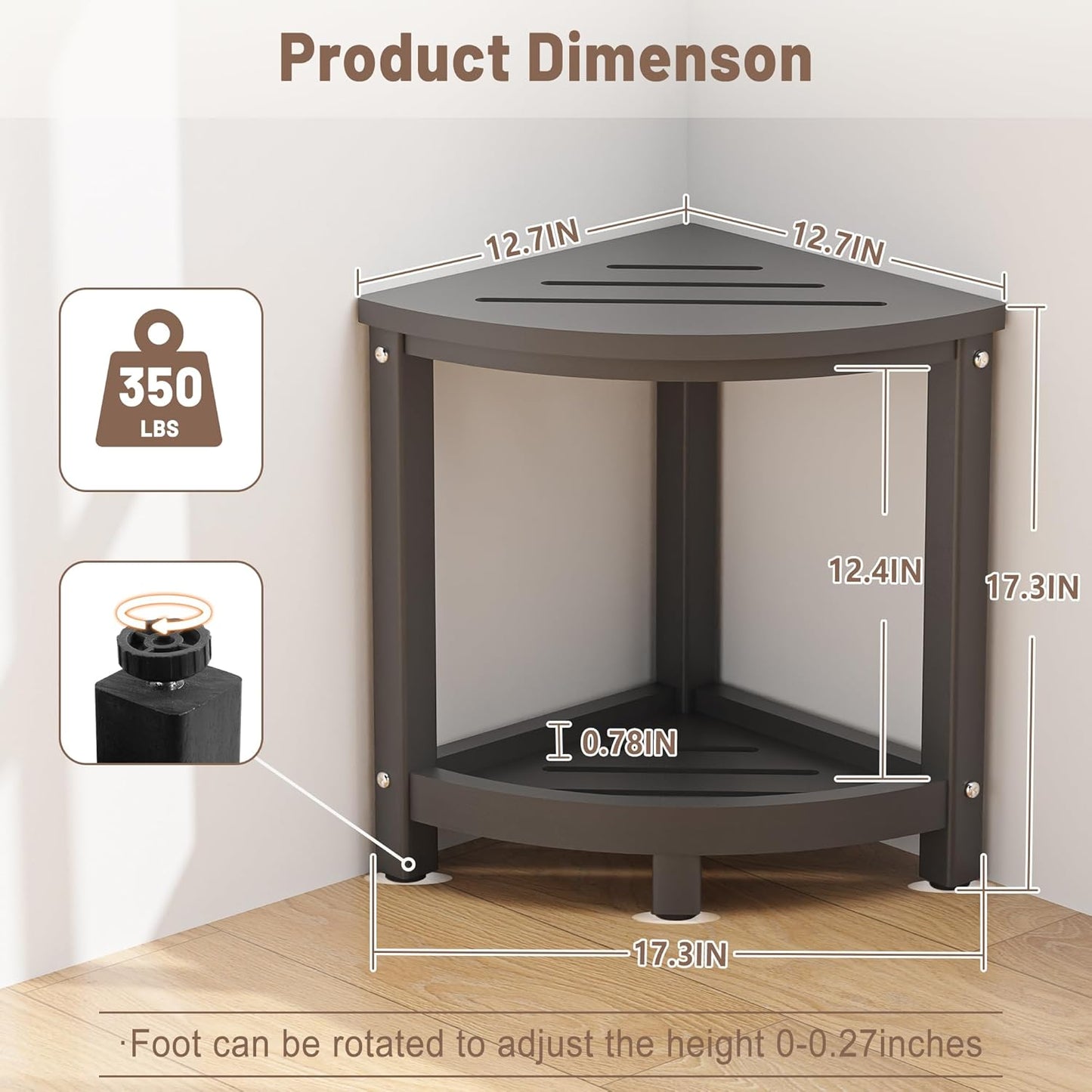 Shower Stool for Inside Shower, Corner Shower Bench Seat, HDPE Waterproof Shower Stool for Shaving Legs with Baffle Storage Shelf, Shower Seat/Foot Rest for Bathroom, Indoor/Outdoor Use, Grey