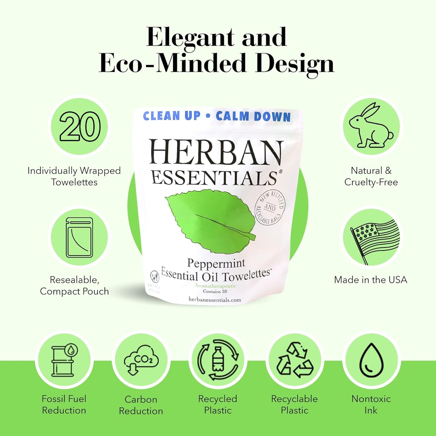 Herban Essentials - Peppermint Wipes & Towelettes - Essential Oil Wipes for Hands & Body - Travel Size Essentials and Toiletries - Natural, Individually Wrapped, Disposable & Moist Refresh (20 count)