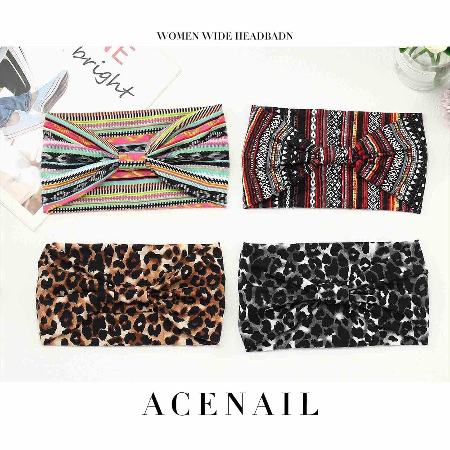 Acenail Wide Headbands for Women, 4 Pack Knotted Turban Headband, Non Slip Hairbands, Floral Workout Head Bands, Leopard Yoga Sweatbands, Cotton Hair Scarfs, Boho Head Wraps, Fashion Hair Accessories
