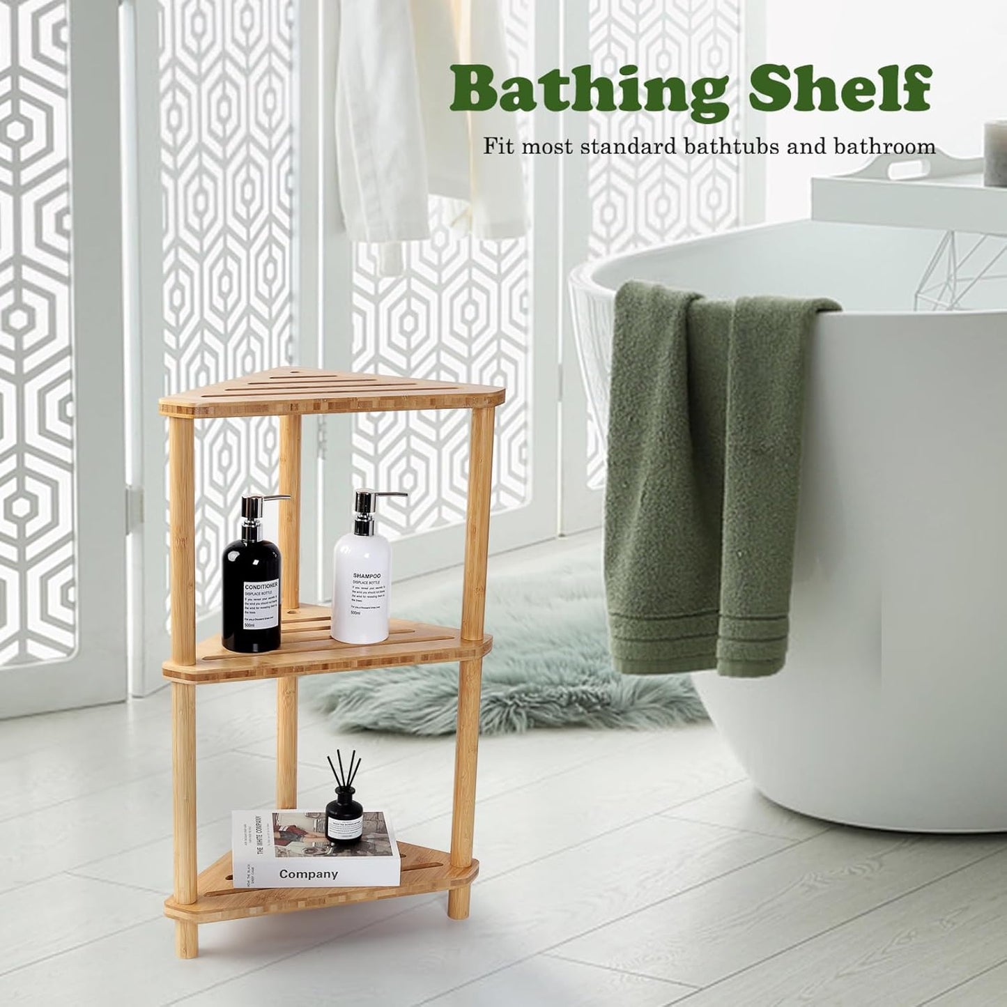 Bamboo Corner Shower Caddy Stand 3-Tier Waterproof,Free Standing Corner Shelf Shower Stool Organizer for Inside Shower,Space-Saving Storage Shelf with Anti-Slip Feet