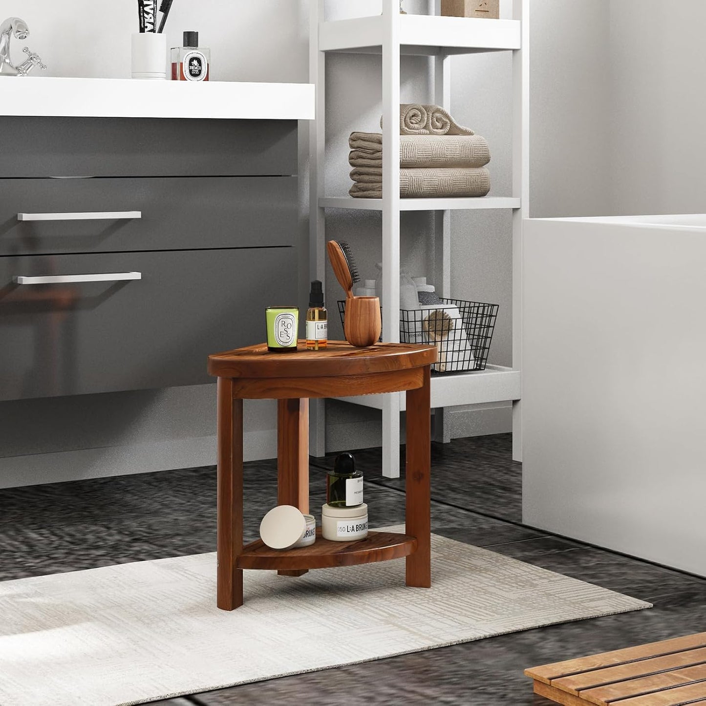 Solid Teak Shower Stool with Shelf for Shaving Legs, Small Corner Bench for Foot Rest, Heavy Duty Wood Bathseat Near Bathtub, Easy Assembly