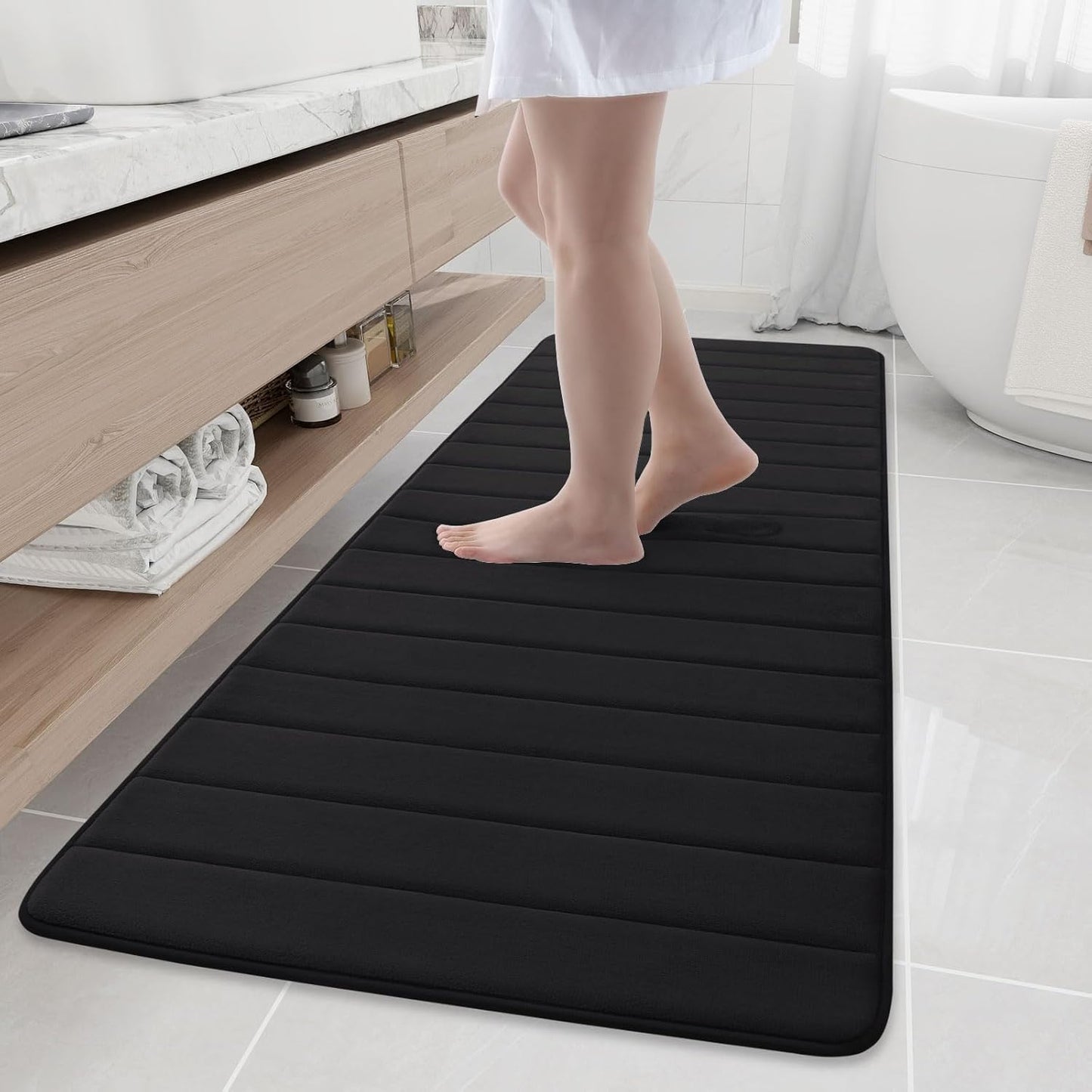 Buganda Memory Foam Bath Mat, 70" x 24", Ultra Soft and Non-Slip Bathroom Rugs, Water Absorbent and Machine Washable Bath Rug Runner for Bathroom, Shower, and Tub, Black