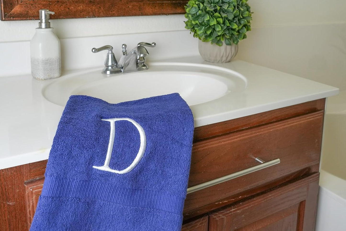 Navy Luxury Hand Towel for Bathroom - Monogrammed Initial Hotel Quality Decorative Embroidered Towel for Powder Room, Spa - GOTS Organic Certified - Set of 2 White Letter D