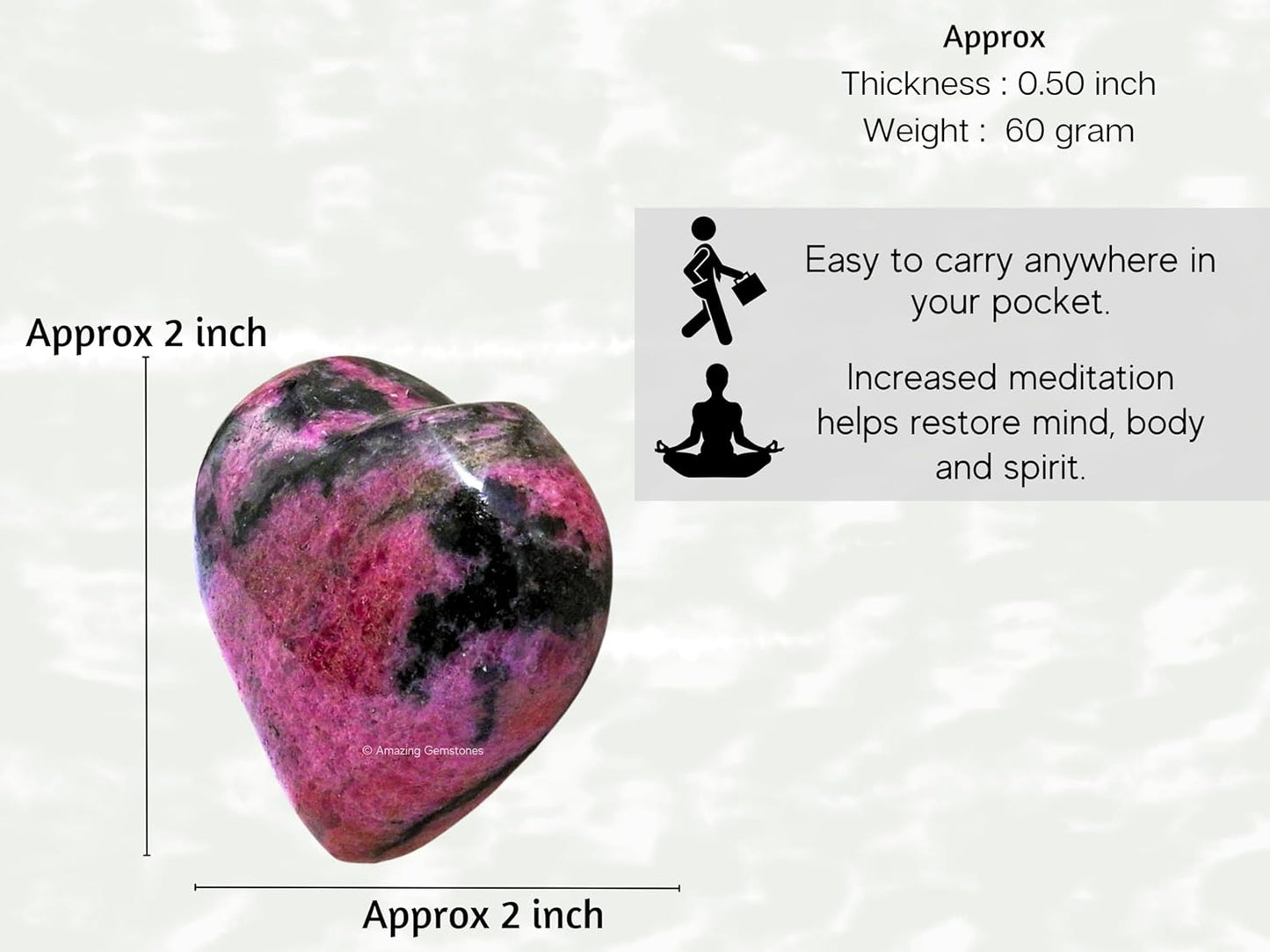 Rhodonite Crystal Heart Palm Stone - Pocket Massage Worry Stone for Natural Body Chakra Balancing, Reiki Healing and Crystal Grid