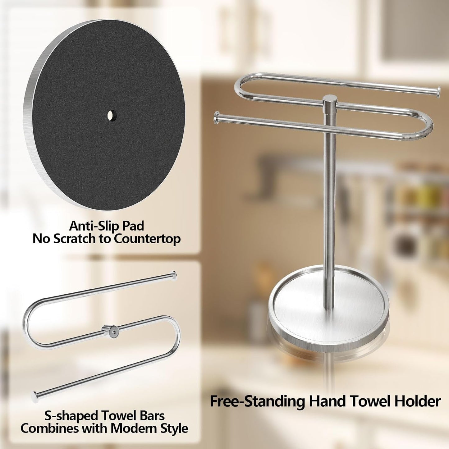 Hand Towel Holder, Stainless Steel Countertop Towel Stand for Bathroom, S-Shape Free Standing Towel Rack Bar Holds 2 Towels for Kitchen, Brushed Nickel
