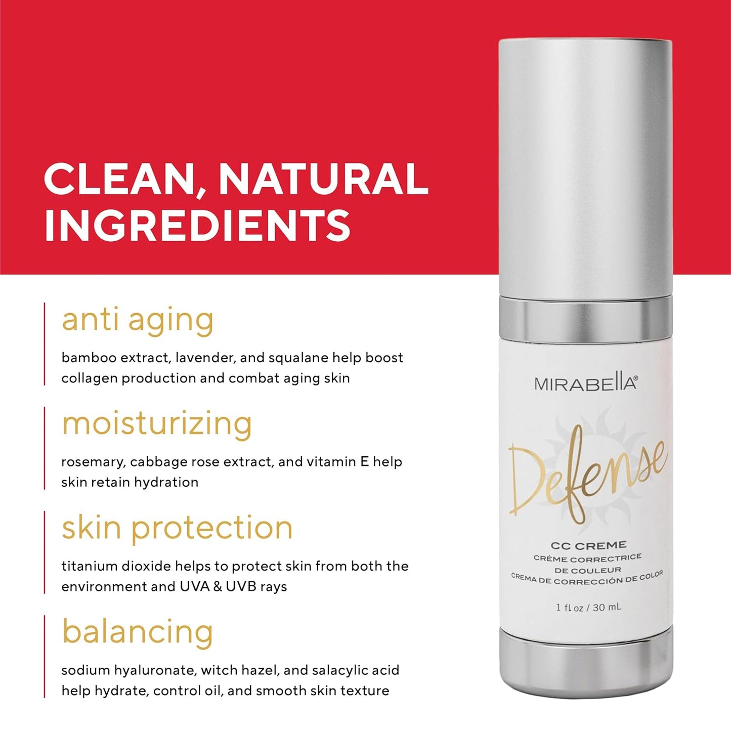 Mirabella Defense CC Creme Full Coverage Foundation with SPF 20, CC Cream Foundation with Sunscreen & Hyaluronic Acid, Oil Control with Salicylic Acid - Light