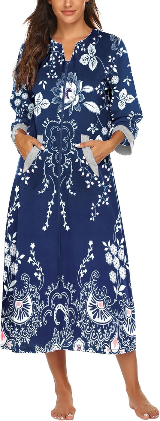 Ekouaer Women Zipper Robe 3/4 Sleeves Loungewear Dress Full Length Sleepwear Pockets Housecoat Nightgown Long Bathrobe