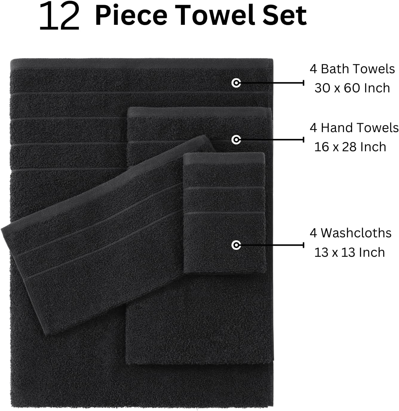Casa Platino 100% Mercerized Cotton Luxury Bathroom Towels Set - 12 Piece - Ring Spun Technology - 4 Bath, 4 Washcloths, 4 Hand Towels - Remains Soft & Absorbent Even After Multiple Washes - Black