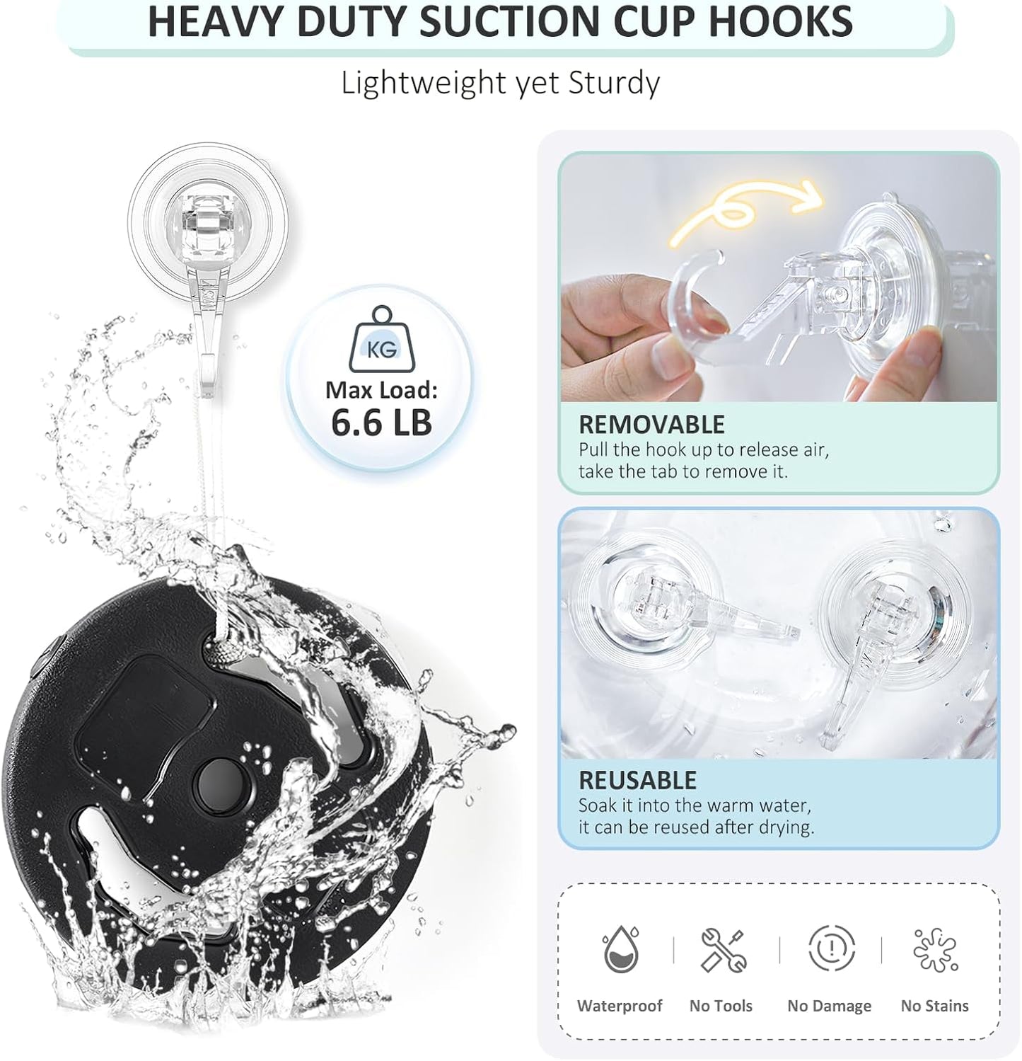 VIS'V Suction Cup Hooks, Small Shower Suction Hooks, Heavy Duty, Removable and Reusable, Clear, 4 Pcs
