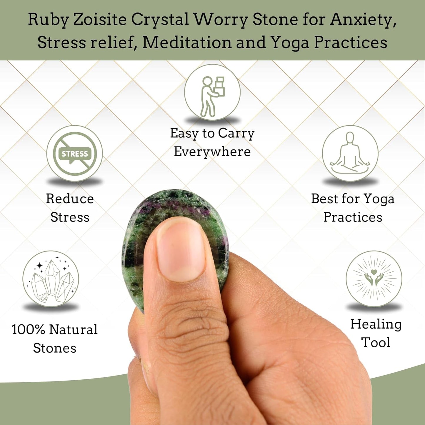 Ruby Zoisite Worry Stones – Crystal Thumb Worry Stone for Anguish, Stress – Relaxing & Soothing Balance Stones for Meditation, Relief – Healing Stones & Crystals for Men, Women