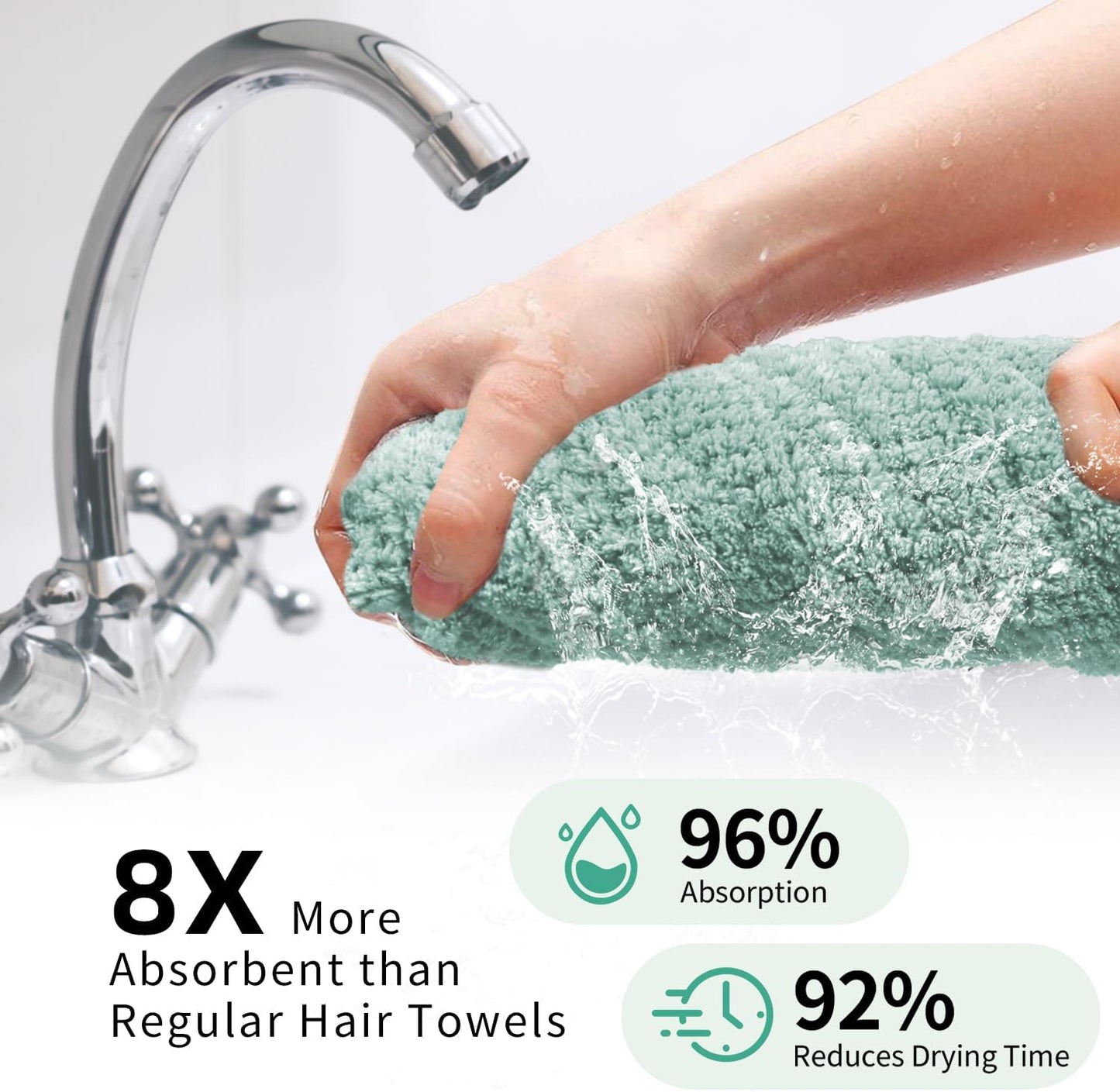 2 Pack Extra Large Microfiber Hair Towel Wrap, 37.4" x 26.4" for Women, Super Absorbent & Quick Dry Hair Towel with Elastic Strap for Curly Hair Green