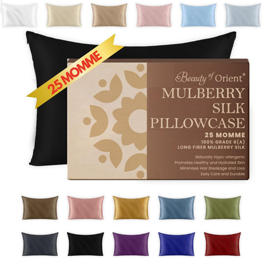 25 Momme Premium Mulberry Black Silk Pillowcase for Hair and Skin | Handcrafted Hypoallergenic & Anti-Acne Silk Pillow Cases with Zipper | King - 20" x 36", Midnight