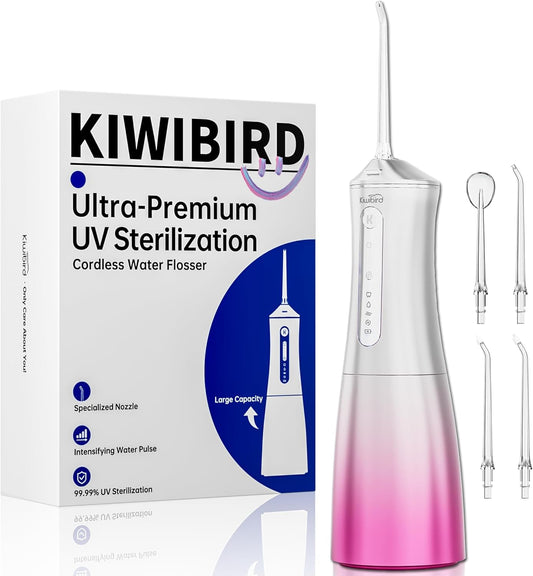 KIWIBIRD Water Dental Flosser with UV-C Sanitization, Cordless Oral Irrigator, 3 Modes & 4 Tips, 300ML BPA-Free Tank, 40-120PSI Portable Teeth Cleaner for Plaque, Home & Travel Use (Pink Ombre)
