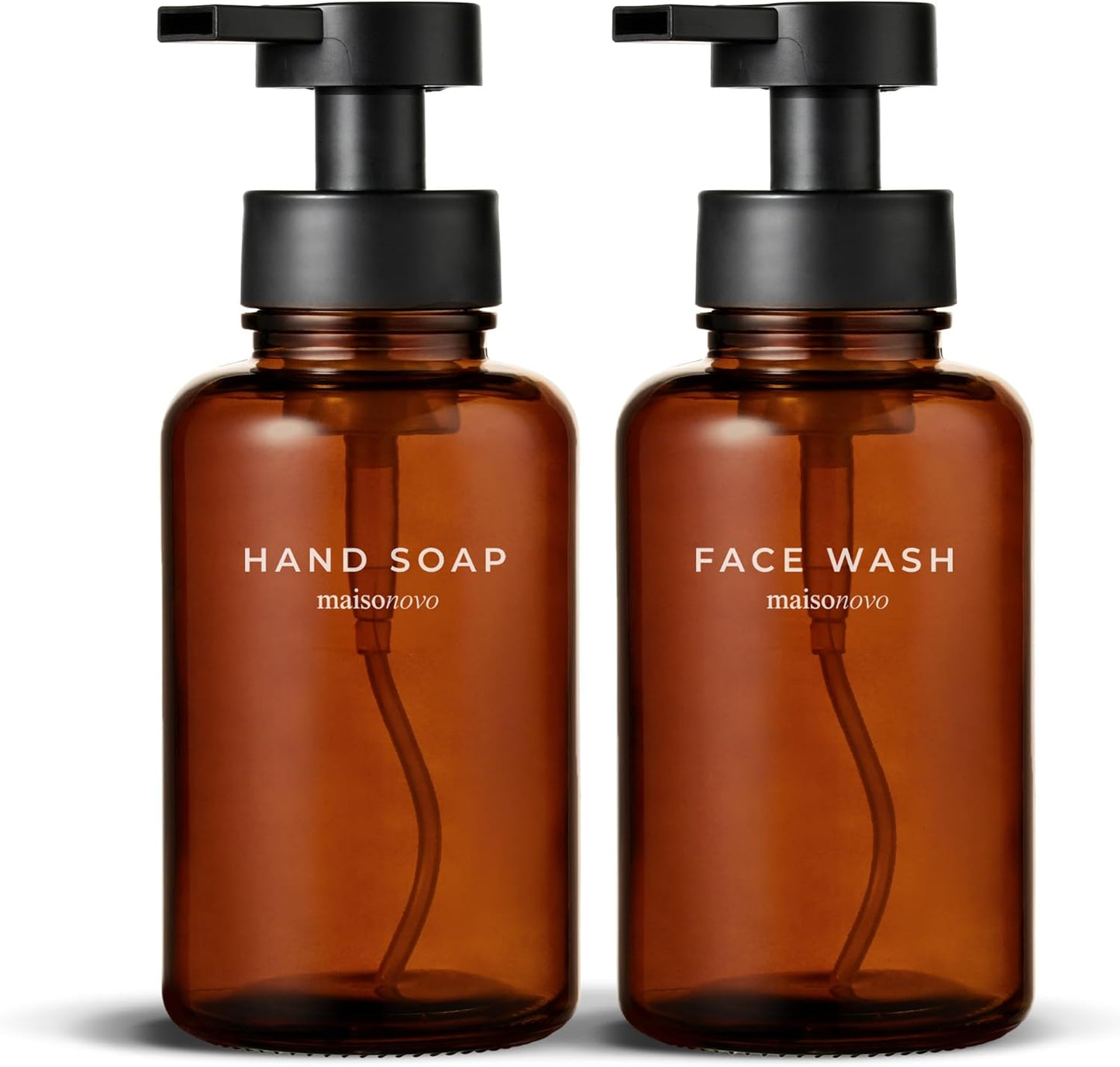 MaisoNovo Glass Foaming Soap Dispenser 14 Oz | Amber Glass Black Pumps x 2