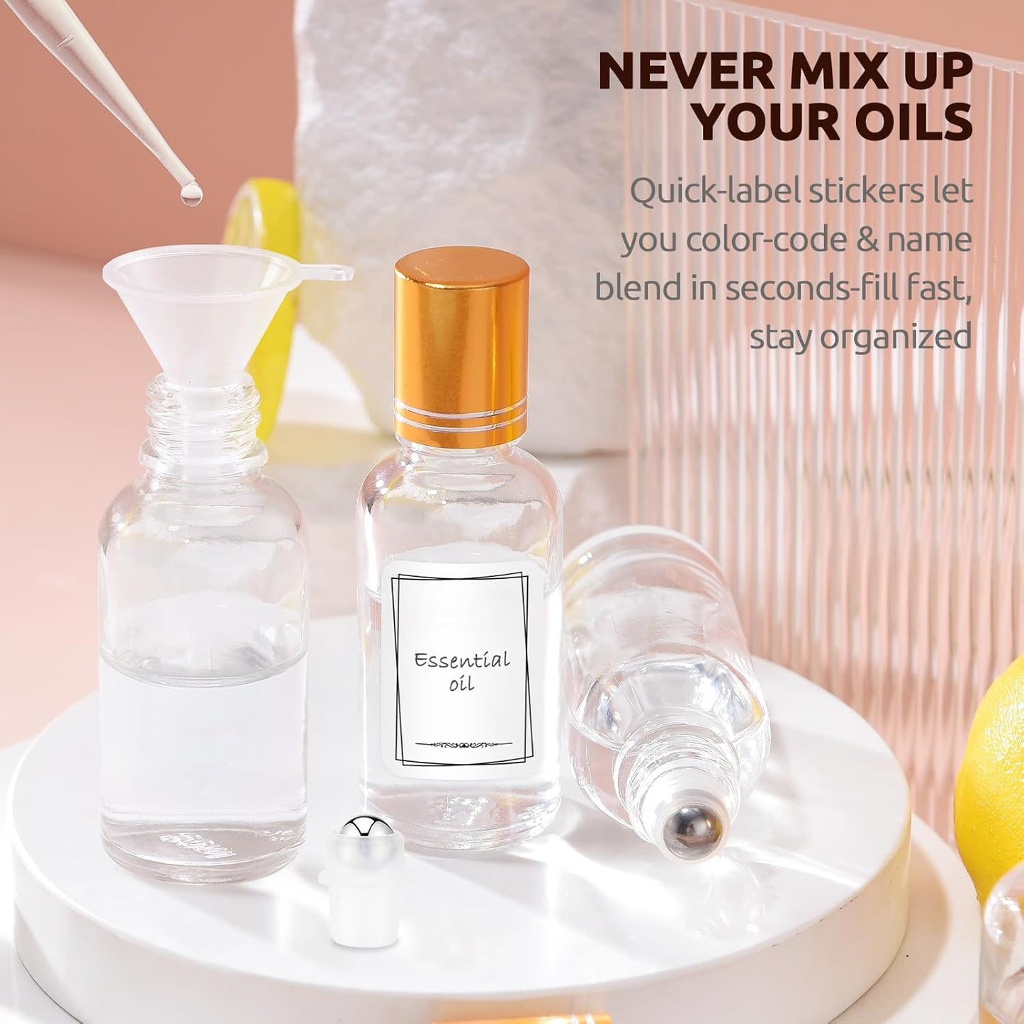 30ml Glass Roller Bottles 4-Pack, Refillable Roll-On Bottles for Essential Oils, Perfume, and DIY Blends with Stainless Steel Rollers-Clear, Gold Cap