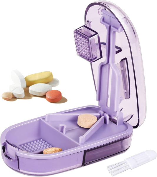 Pill Cutter Splitter for Small and Tiny Pills, or Large Pills. V-Shaped Design for Multiple Sizes. Safety Blade Guard. Loss-Proof Built-in Small Brush & Sliding Door Pill Storage (Purple)
