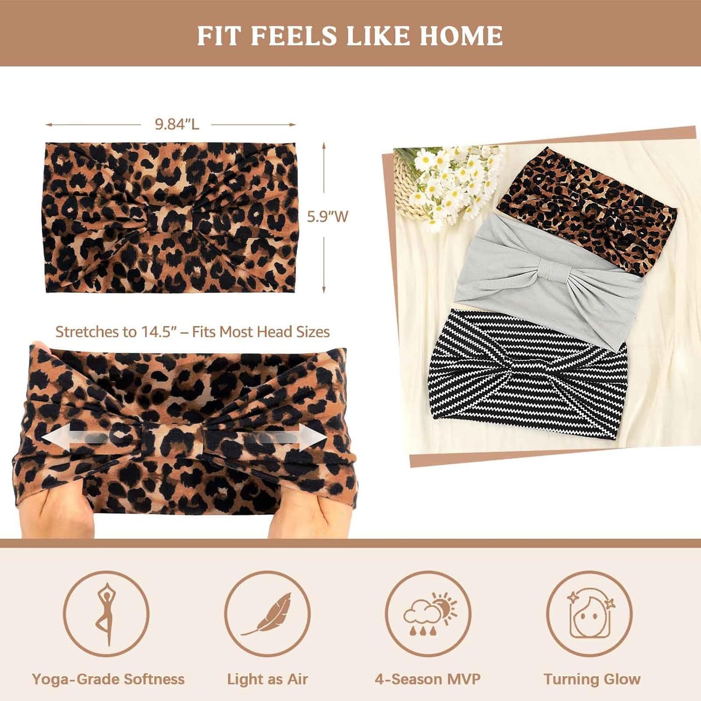 Wide Headbands for Women Knotted No Slip Head Bands Soft Turban Headband Hair Accessories Boho African Solid Color Head Wraps for Women Yoga Workout Pack of 6