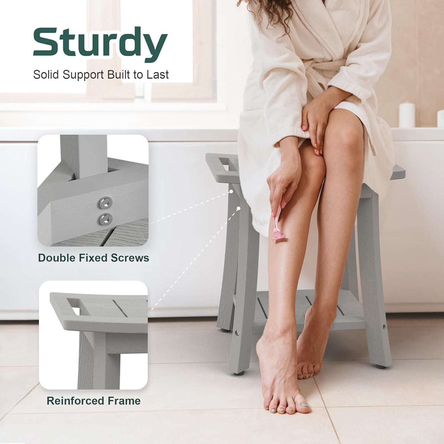 HIPS Shower Benches for Inside Shower, Waterproof Shower Stool with Storage Shelf & Adjustable Feet, SPA Bathroom Seat Chair for Shaving Legs, Indoor or Outdoor Use, Grey