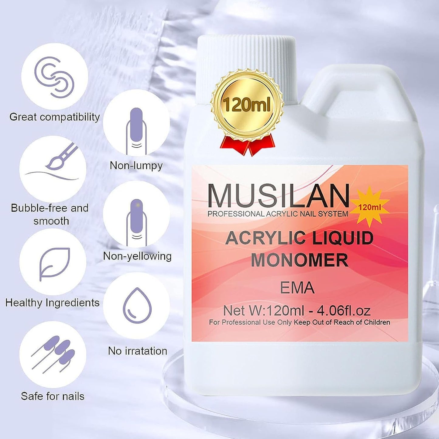 Monomer Acrylic Nail Liquid 4oz for Acrylic Powder - Professional Acrylic Liquid Monomer for Acrylic Nails Extension with 5pcs Acrylic Nail Brush Dappen Dish for Beginners DIY at home Non-Yellowing