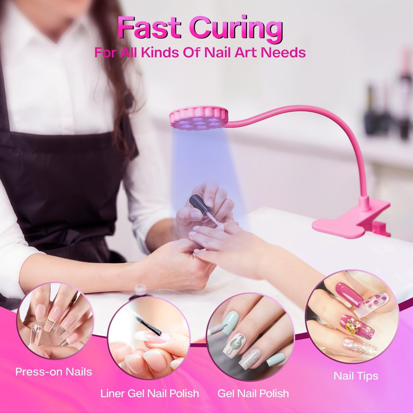 LIORA UV LED Nail Lamp 6W with Clamp – 7 Beads Gel Lamp Flash Cure Light, Flexible 360° Gooseneck USB Manicure lamp, Nail Dryer for Gel Polish and Press On Nails, Mini Nail UV Light for Salon DIY