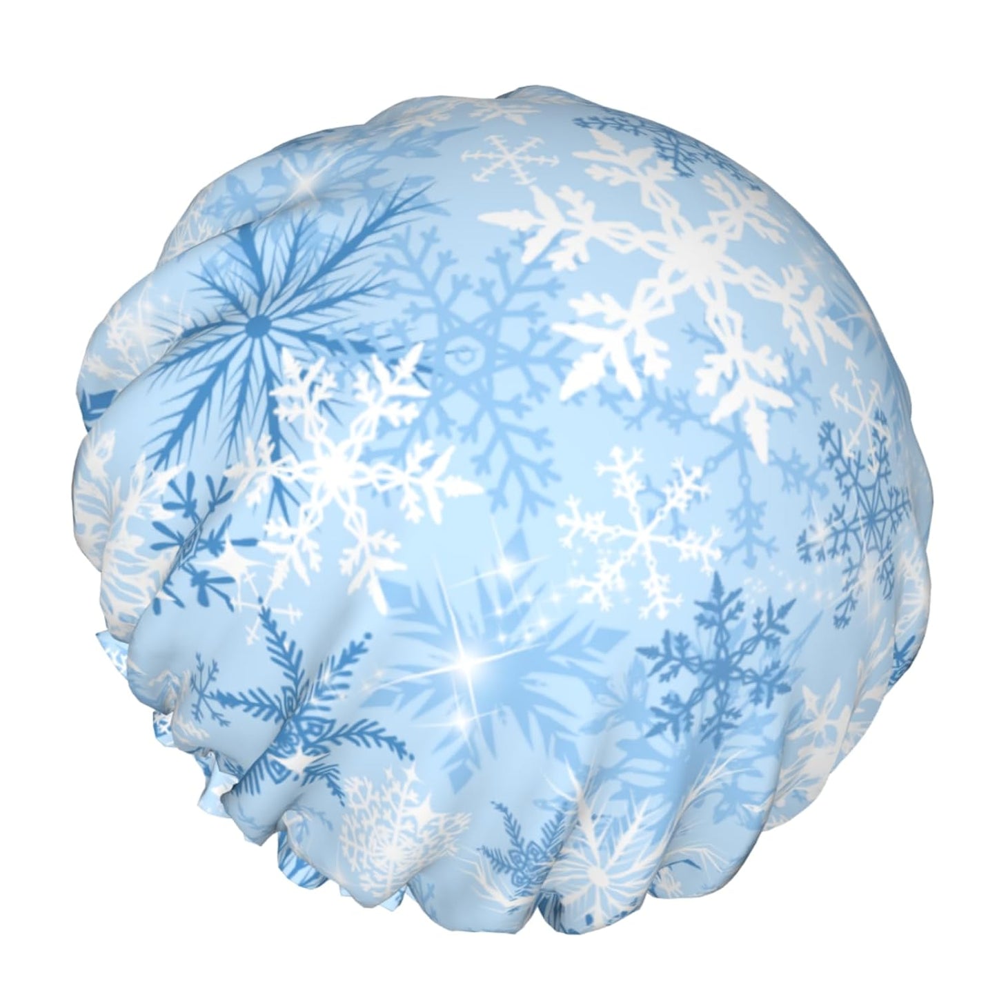 Winter Snowflakes Shower Caps Blue White Snowflakes Hair Caps for Shower Dual-Layer Waterproof Bath Hat Elastic Reusable Hair Hat for Shower Cooking Clean Makeup Travel