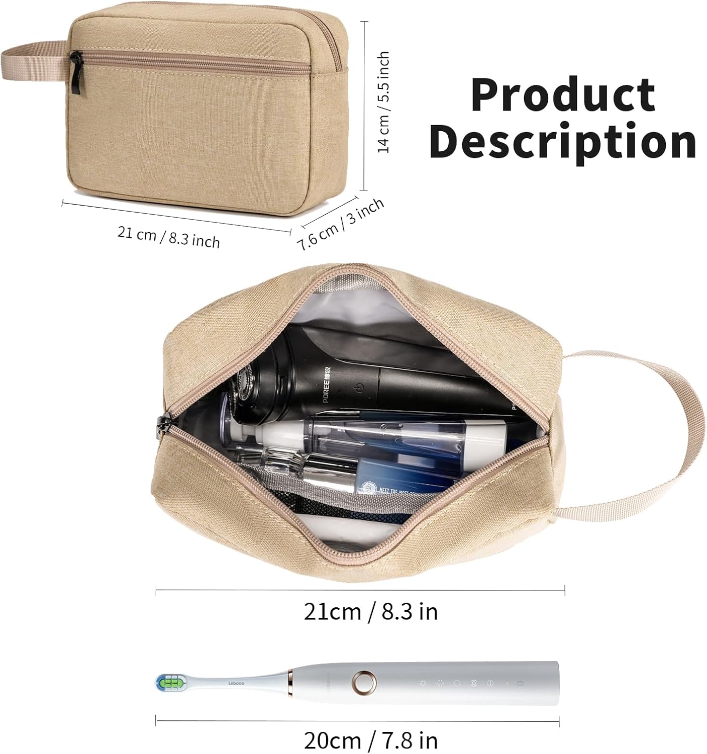 Travel Toiletry Bag, Hanging Water-Resistant Organizer for Men & Women, Ideal for Makeup, Shaving Kit, Gym Essentials & Travel Accessories (Khaki)