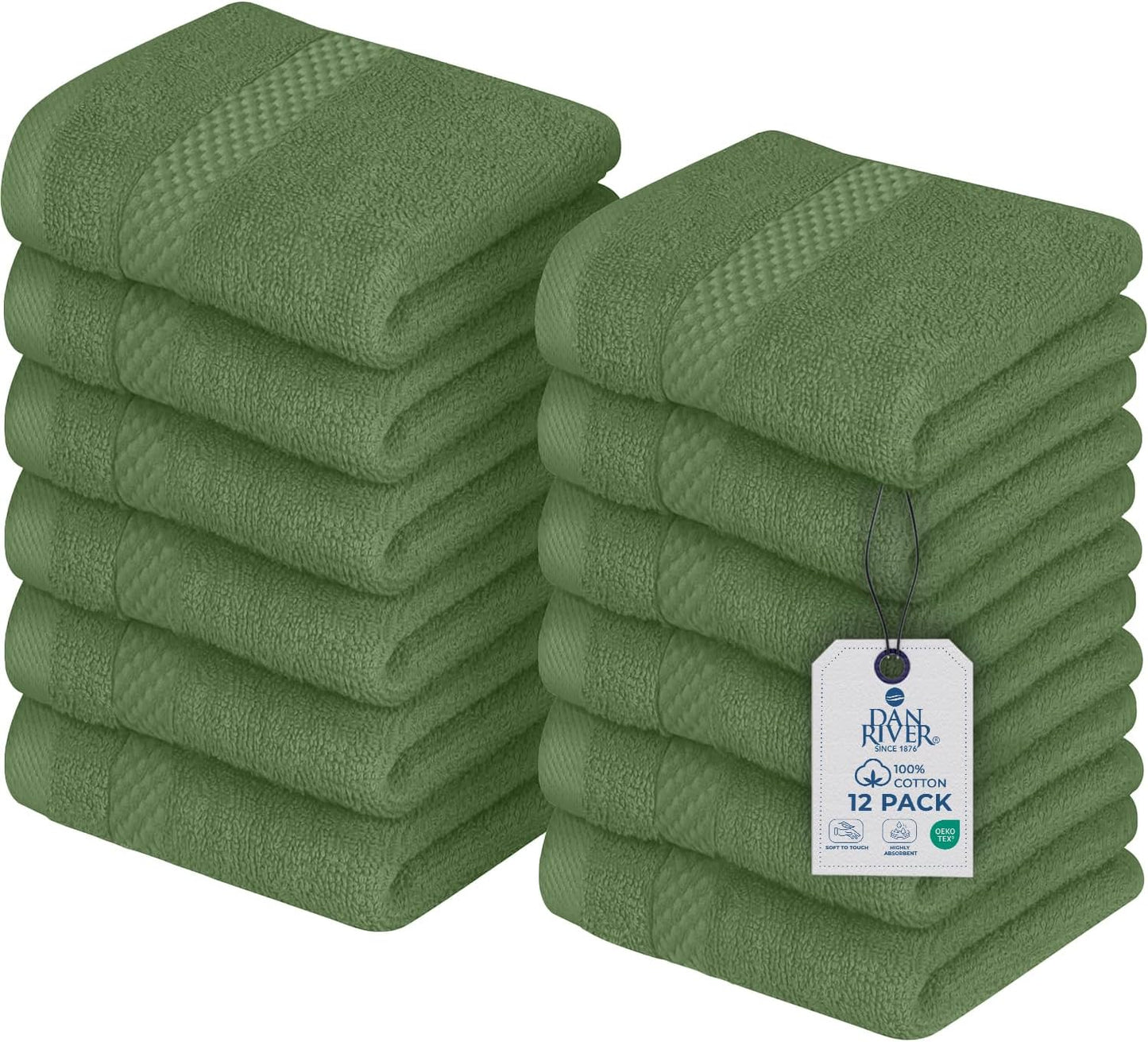 DAN RIVER 12-Pack Premium 100% Cotton SAGE Green Face Towels – Reusable Face Towel Set, Soft & Absorbent Body wash Cloths – Hand and Face Towels, 550 GSM (12x12 in)