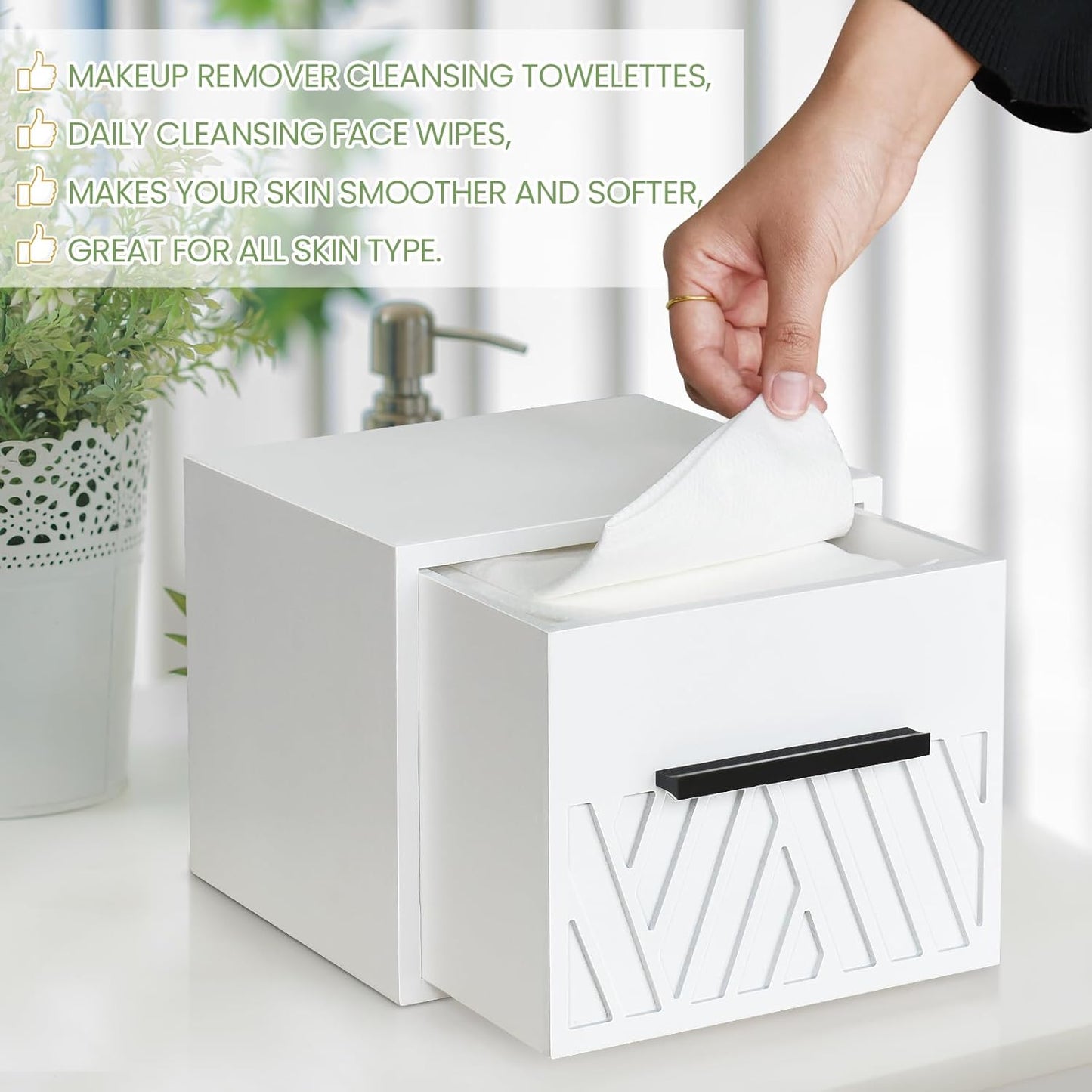 Disposable Face Towels XL with Luxe Wood Drawer Organizer, Face Towelettes Disposable 60 Count, 100% Cotton Facial Towel, Makeup Remover Cloth and Facial Wash Dry Wipes, Face Towel Holder Drawer