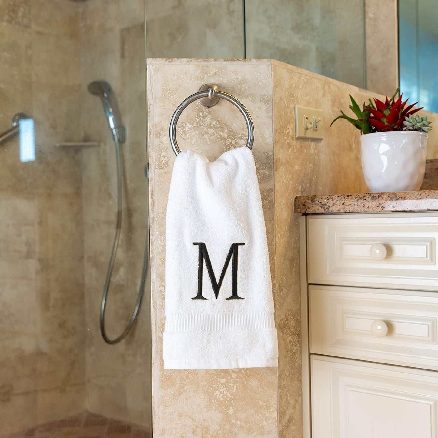 Dark Gray Initial Hand Towel for Bathroom - Monogrammed Luxury Hotel Quality Decorative Embroidered Towel for Powder Room, Spa - GOTS Organic Certified - Pack of 2, Letter M